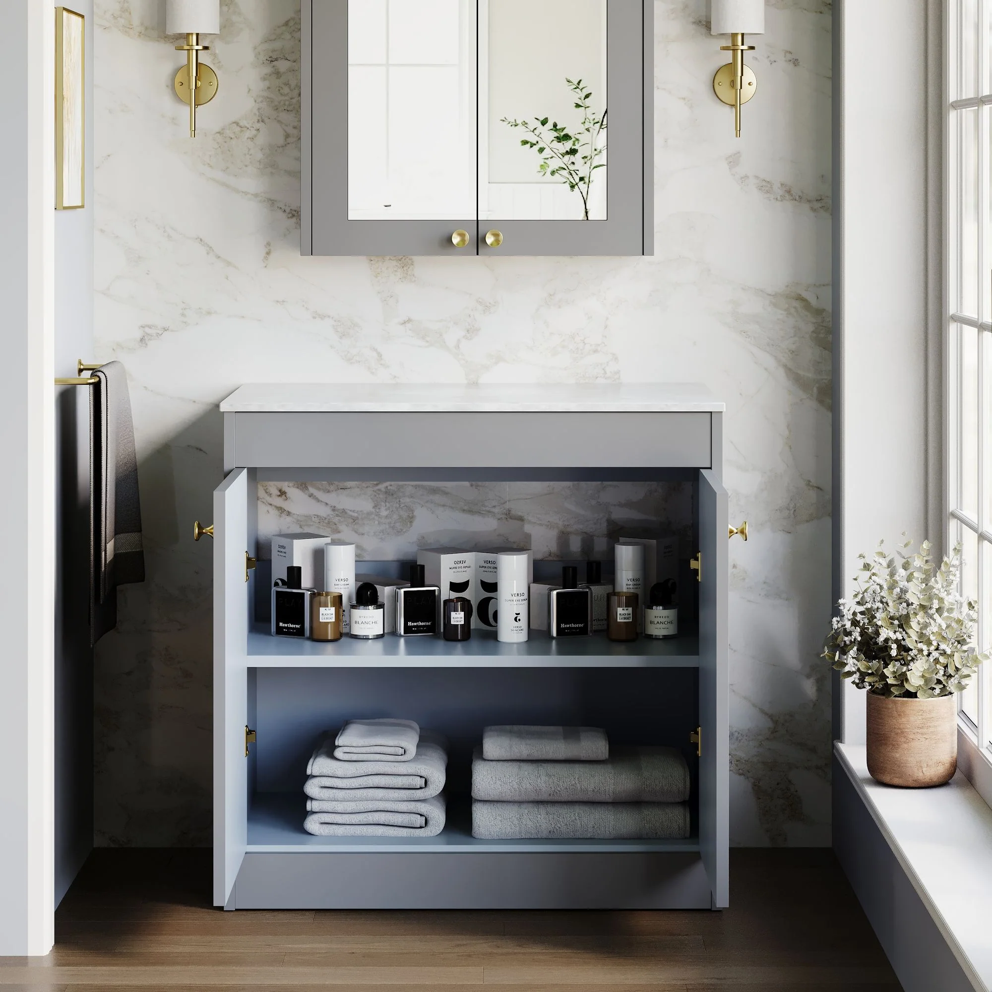 Farlow Shaker Floor Standing 800mm 2-Door Vanity with Marble Countertop - Satin Grey - Image 4