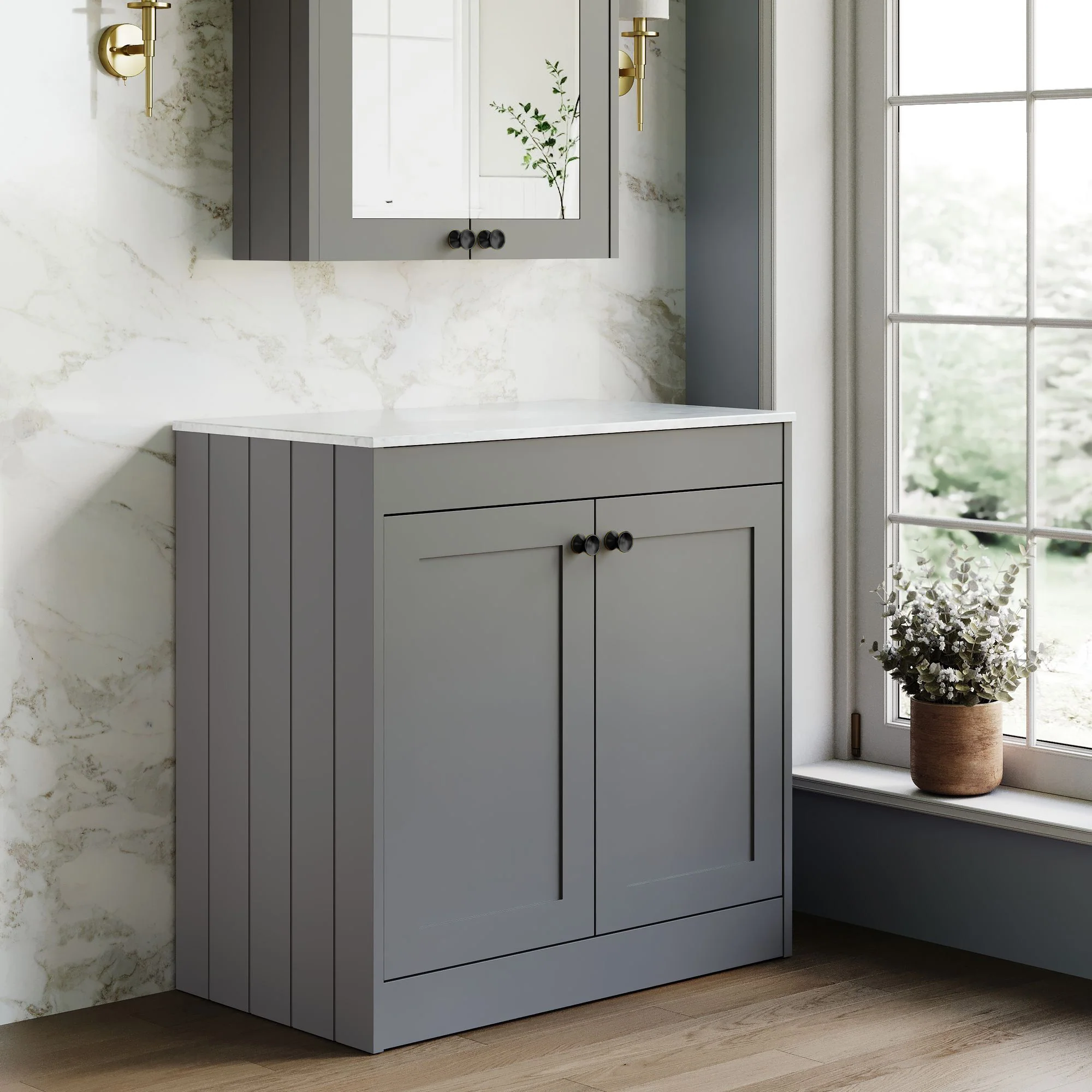 Farlow Shaker Floor Standing 800mm 2-Door Vanity with Marble Countertop - Satin Grey - Image 5