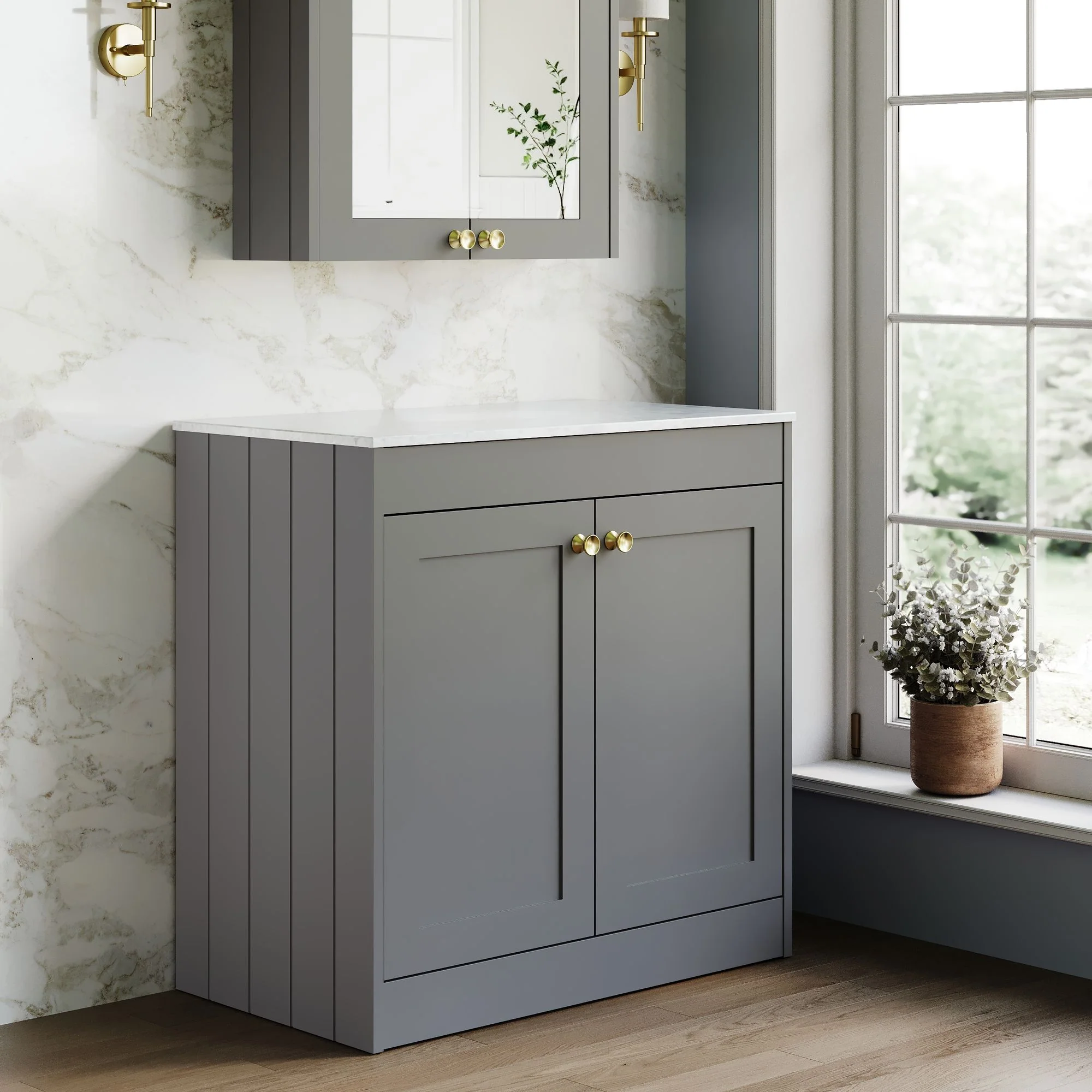 Farlow Shaker Floor Standing 800mm 2-Door Vanity with Marble Countertop - Satin Grey - Image 7