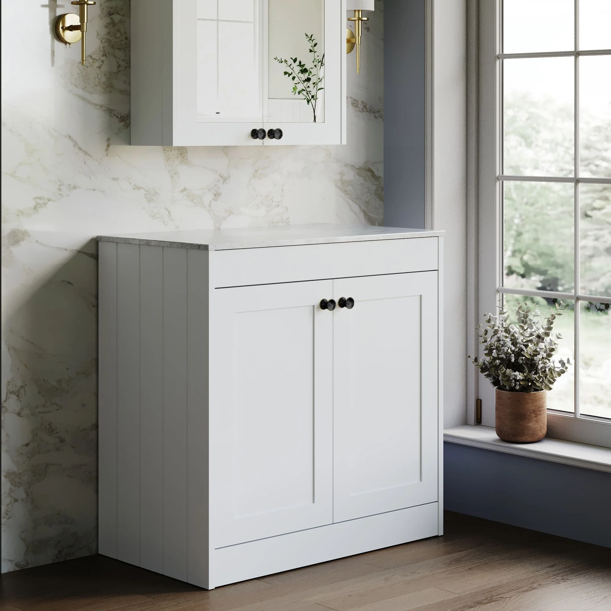 Farlow Shaker Floor Standing 800mm 2-Door Vanity with Marble Countertop - Satin White - Image 5