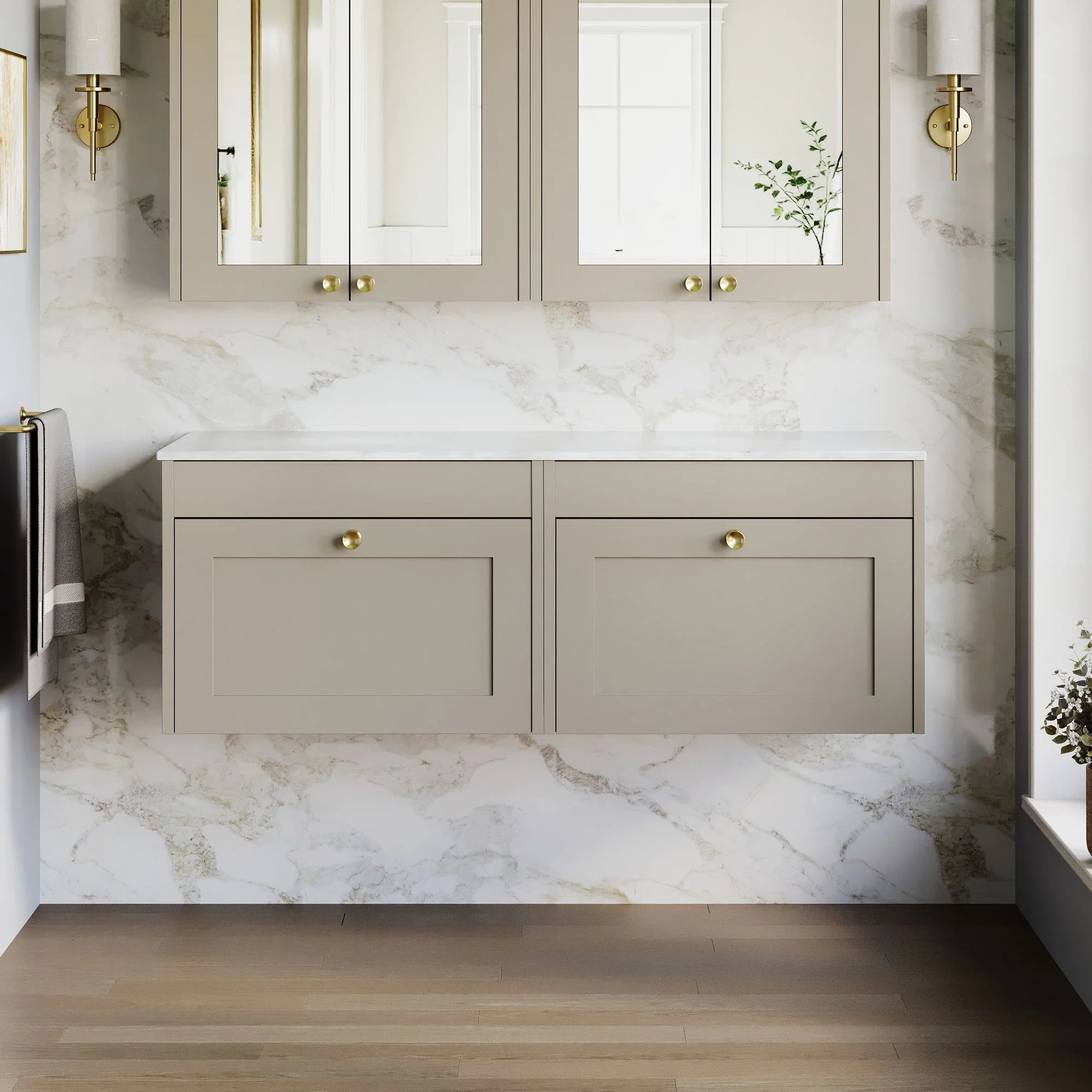 Farlow Shaker Wall Mounted 1200mm 2-Drawer Vanity with Marble Countertop - Pebble Grey - Image 2