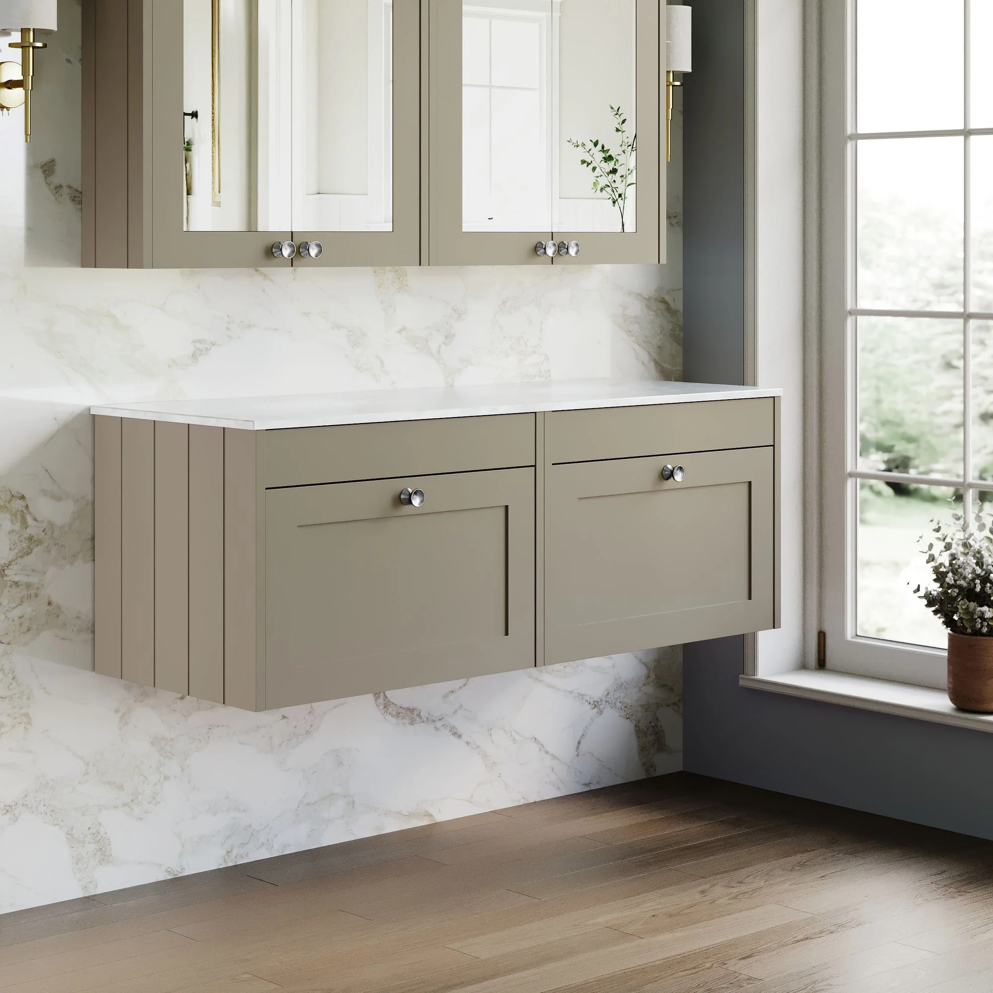 Farlow Shaker Wall Mounted 1200mm 2-Drawer Vanity with Marble Countertop - Pebble Grey - Image 6