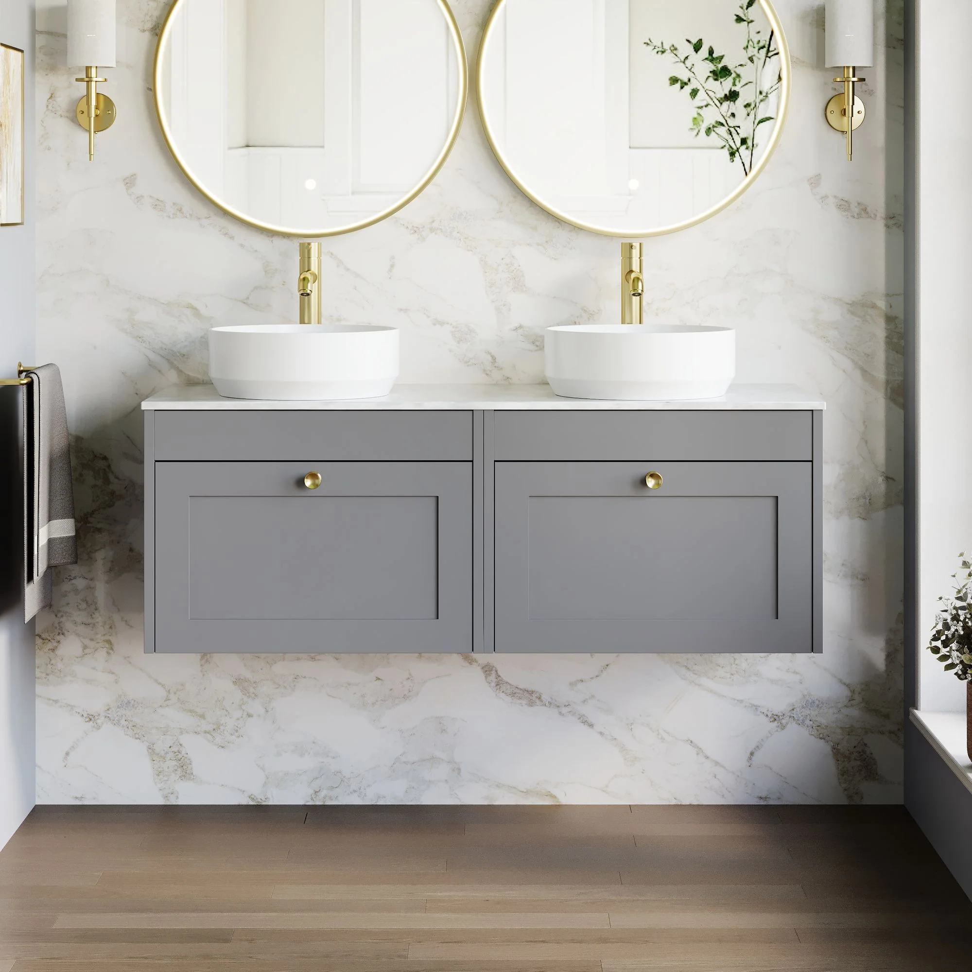 Farlow Shaker Wall Mounted 1200mm 2-Drawer Vanity with Marble Countertop - Satin Grey