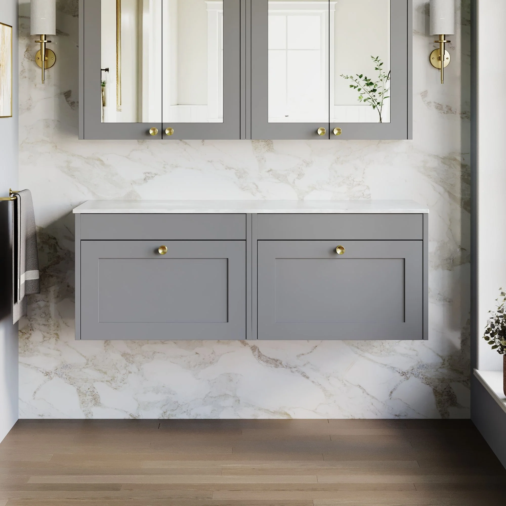 Farlow Shaker Wall Mounted 1200mm 2-Drawer Vanity with Marble Countertop - Satin Grey - Image 2