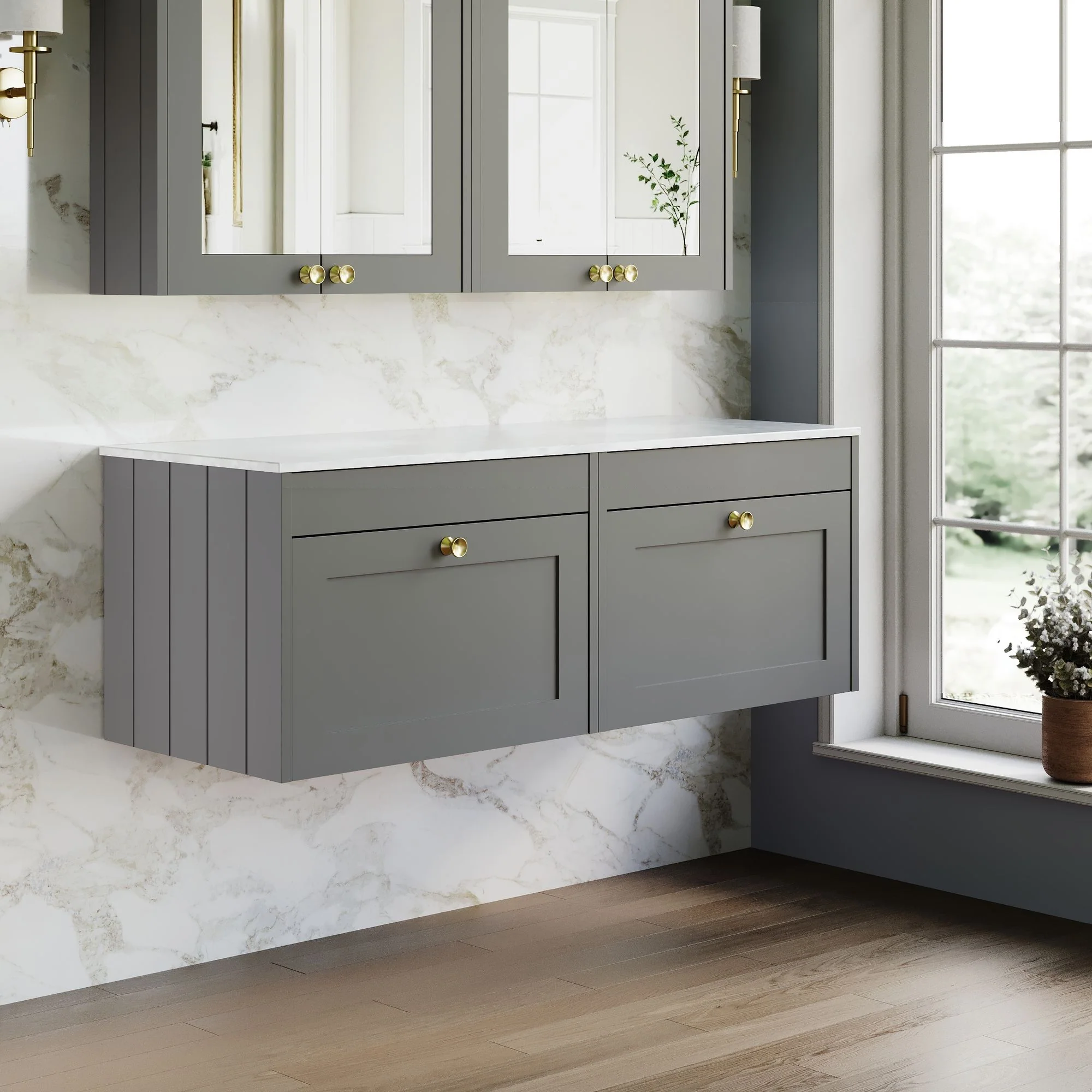 Farlow Shaker Wall Mounted 1200mm 2-Drawer Vanity with Marble Countertop - Satin Grey - Image 3