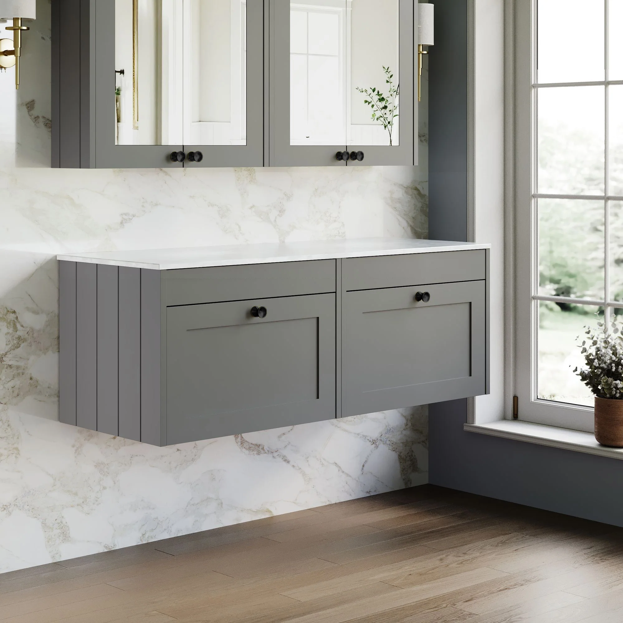 Farlow Shaker Wall Mounted 1200mm 2-Drawer Vanity with Marble Countertop - Satin Grey - Image 5