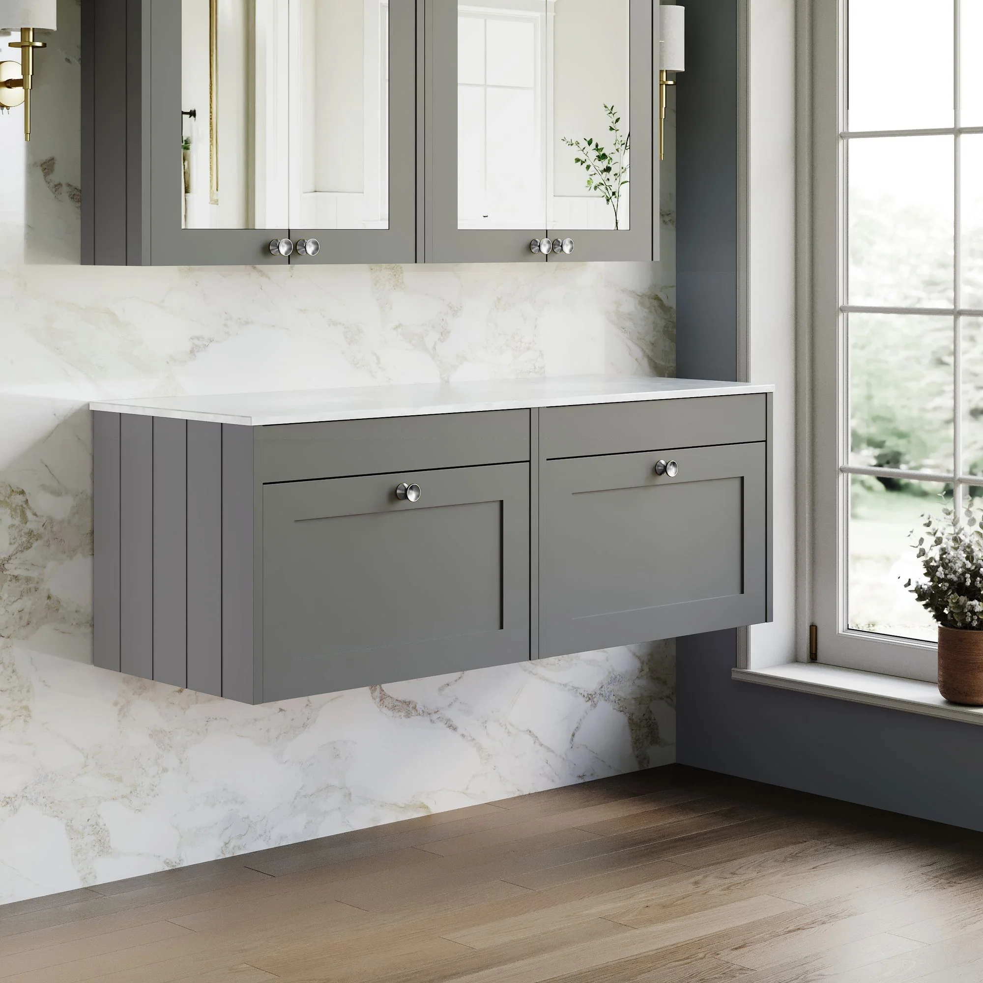 Farlow Shaker Wall Mounted 1200mm 2-Drawer Vanity with Marble Countertop - Satin Grey - Image 6