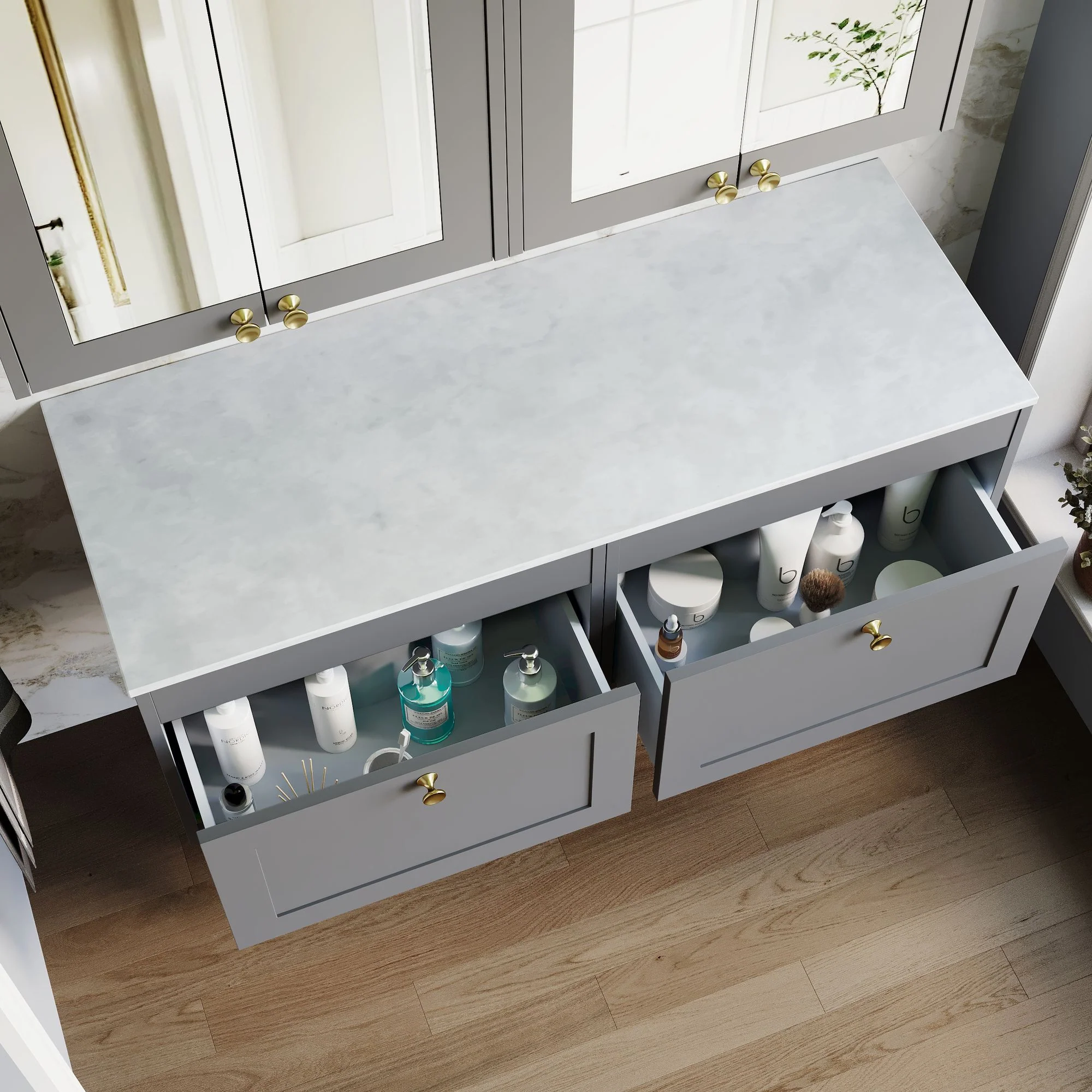 Farlow Shaker Wall Mounted 1200mm 2-Drawer Vanity with Marble Countertop - Satin Grey - Image 7