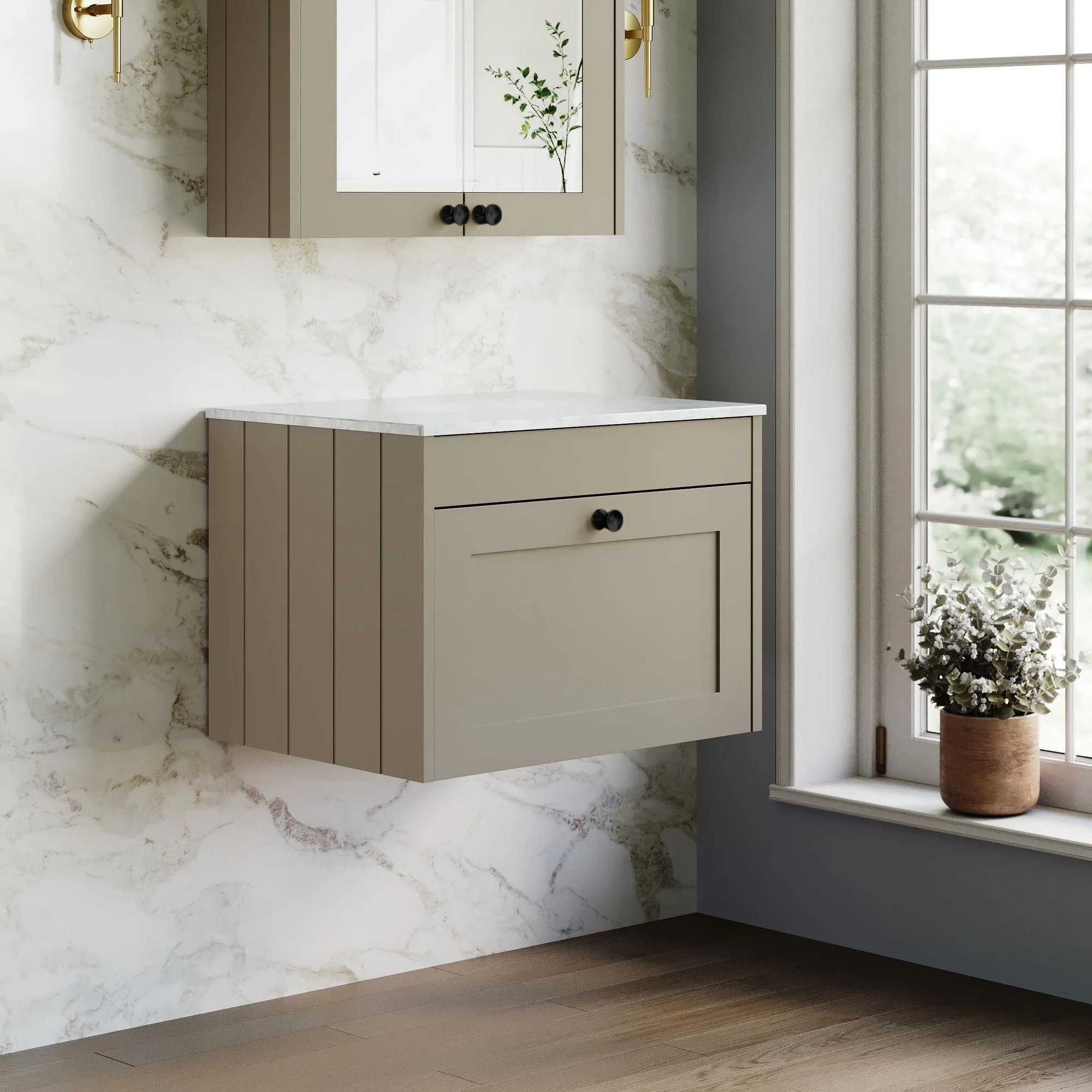 Farlow Shaker Wall Mounted 600mm 1-Drawer Vanity with Marble Countertop - Pebble Grey - Image 6