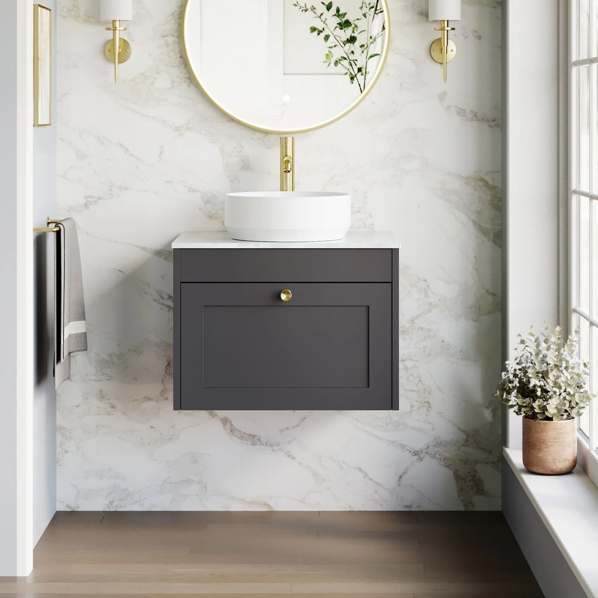 Farlow Shaker Wall Mounted 600mm 1-Drawer Vanity with Marble Countertop - Satin Soft Black - Image 3