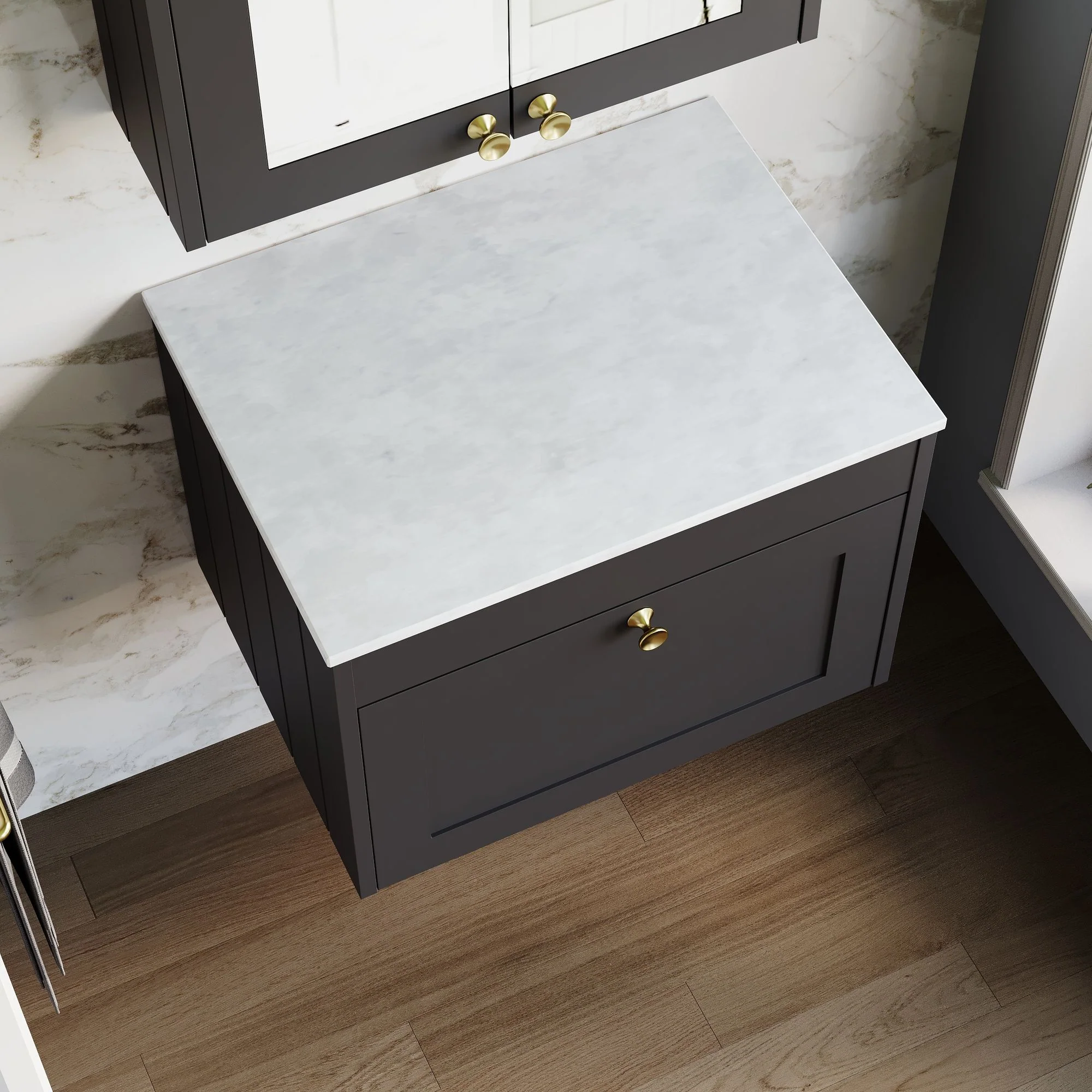 Farlow Shaker Wall Mounted 600mm 1-Drawer Vanity with Marble Countertop - Satin Soft Black - Image 4