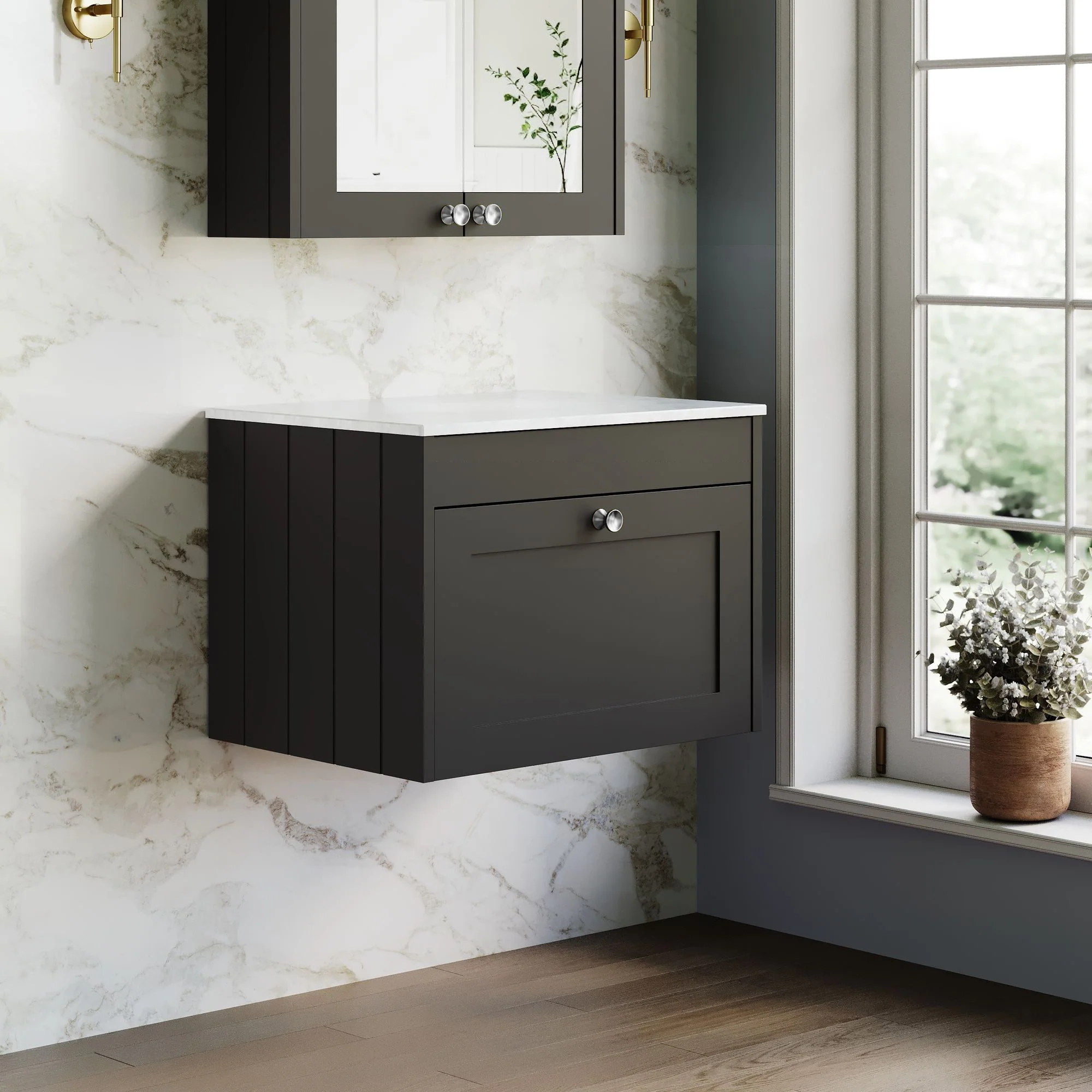 Farlow Shaker Wall Mounted 600mm 1-Drawer Vanity with Marble Countertop - Satin Soft Black - Image 7