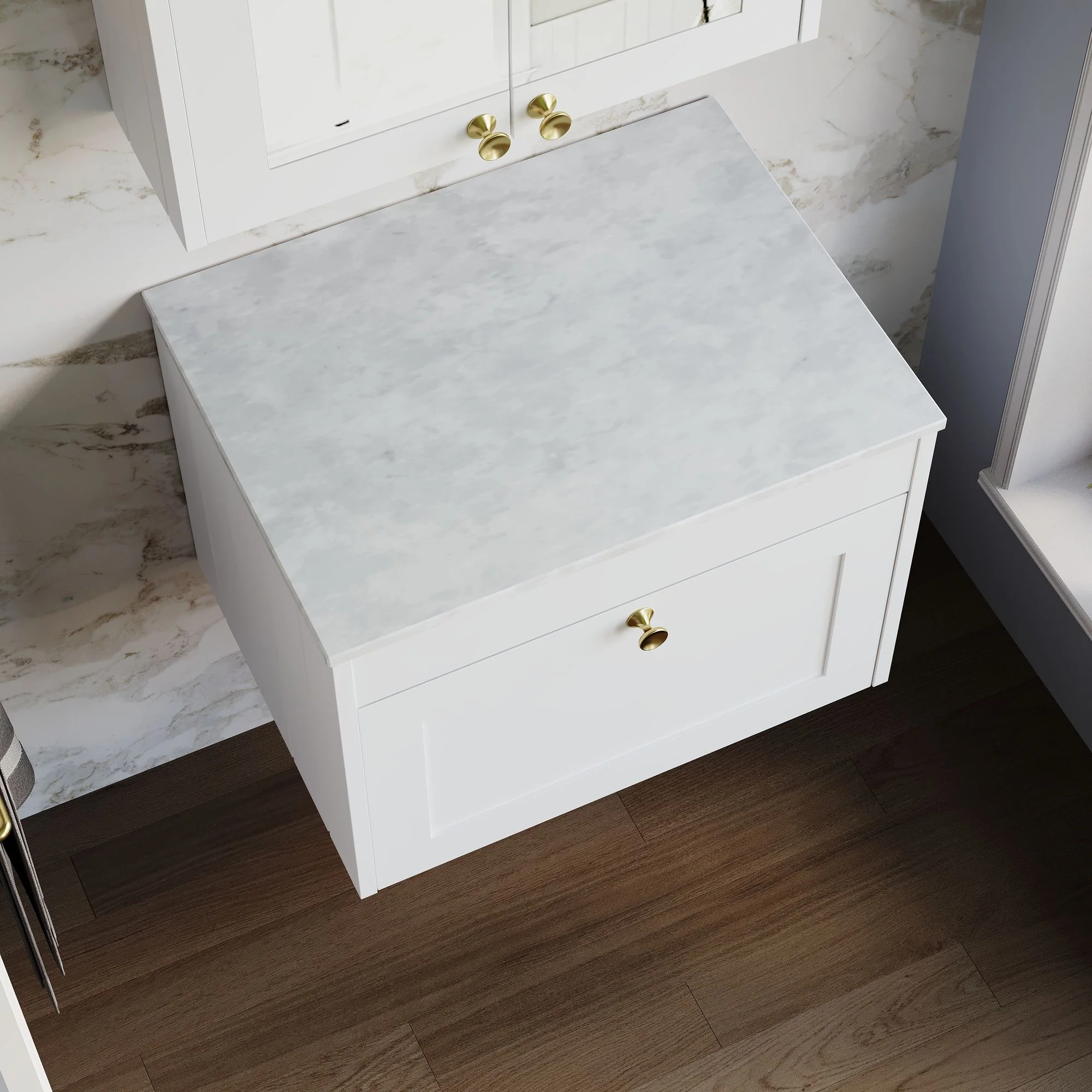 Farlow Shaker Wall Mounted 600mm 1-Drawer Vanity with Marble Countertop - Satin White - Image 4