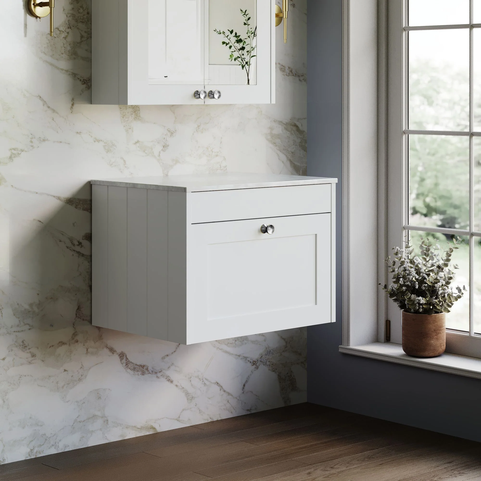 Farlow Shaker Wall Mounted 600mm 1-Drawer Vanity with Marble Countertop - Satin White - Image 5