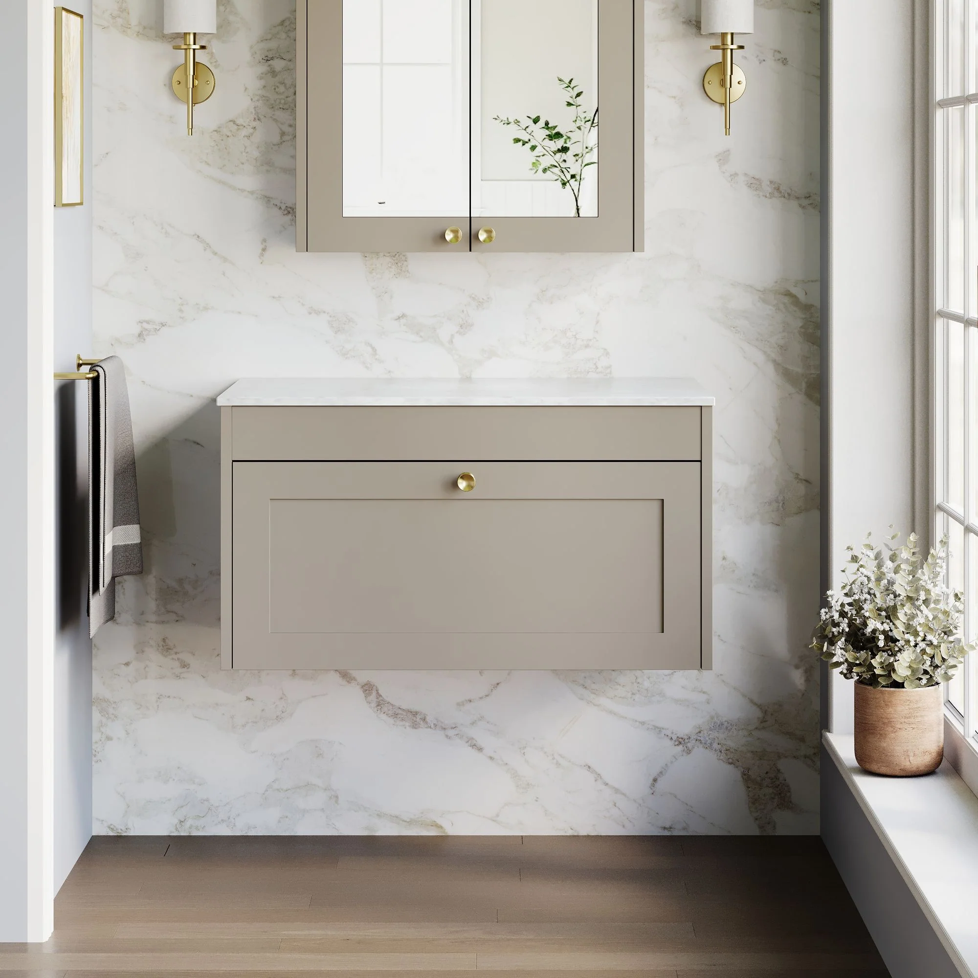 Farlow Shaker Wall Mounted 800mm 1-Drawer Vanity with Marble Countertop - Pebble Grey - Image 3
