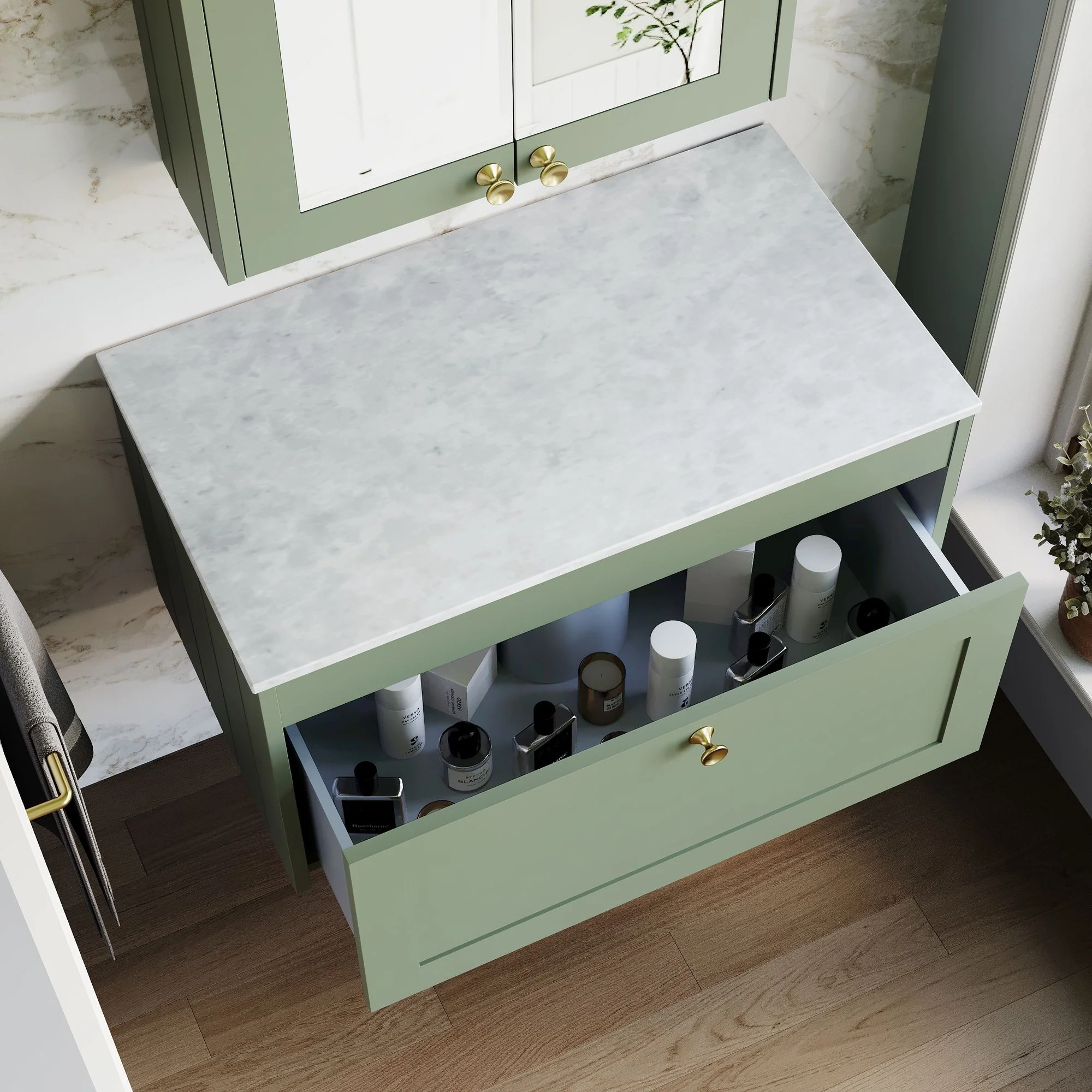 Farlow Shaker Wall Mounted 800mm 1-Drawer Vanity with Marble Countertop - Satin Green - Image 2