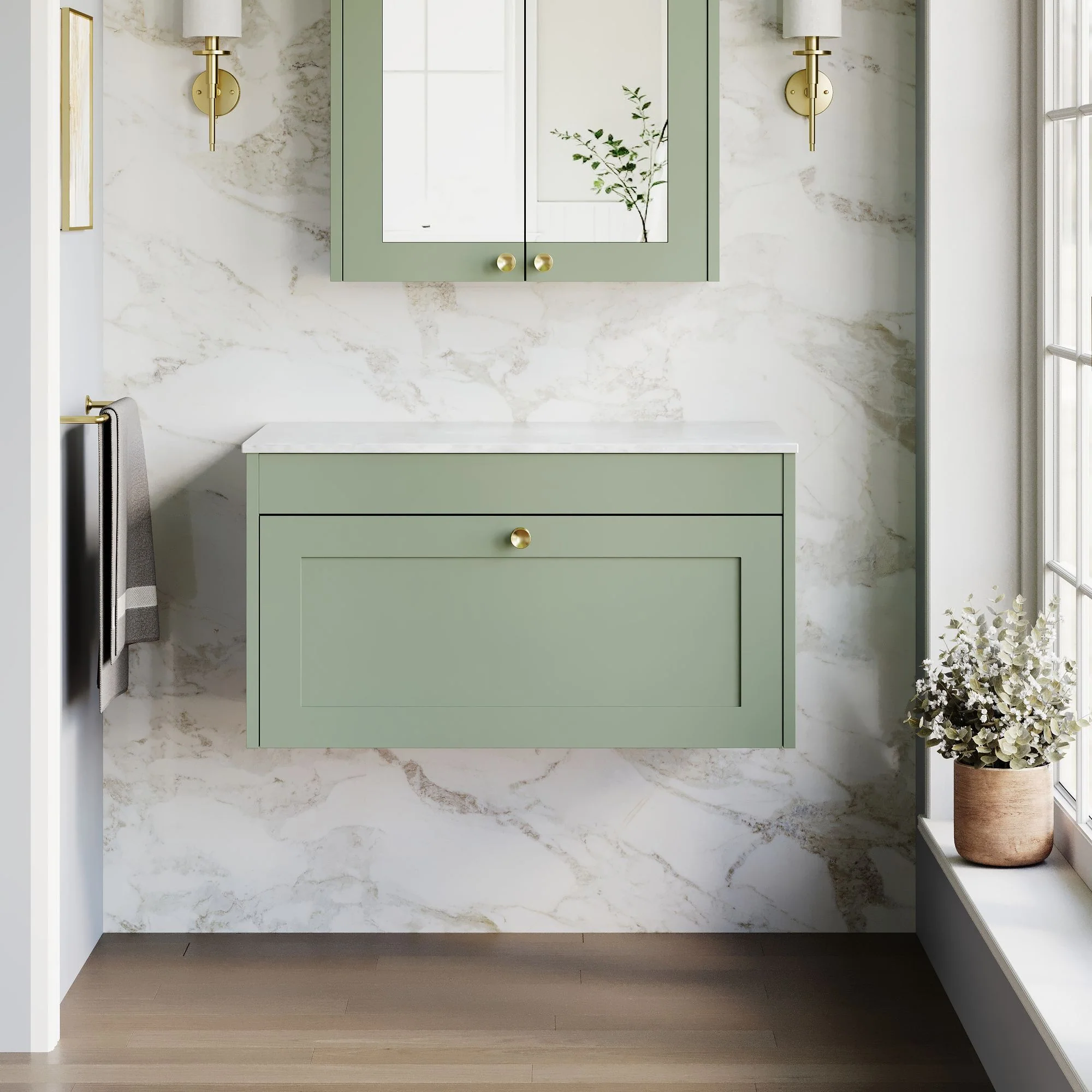 Farlow Shaker Wall Mounted 800mm 1-Drawer Vanity with Marble Countertop - Satin Green - Image 3