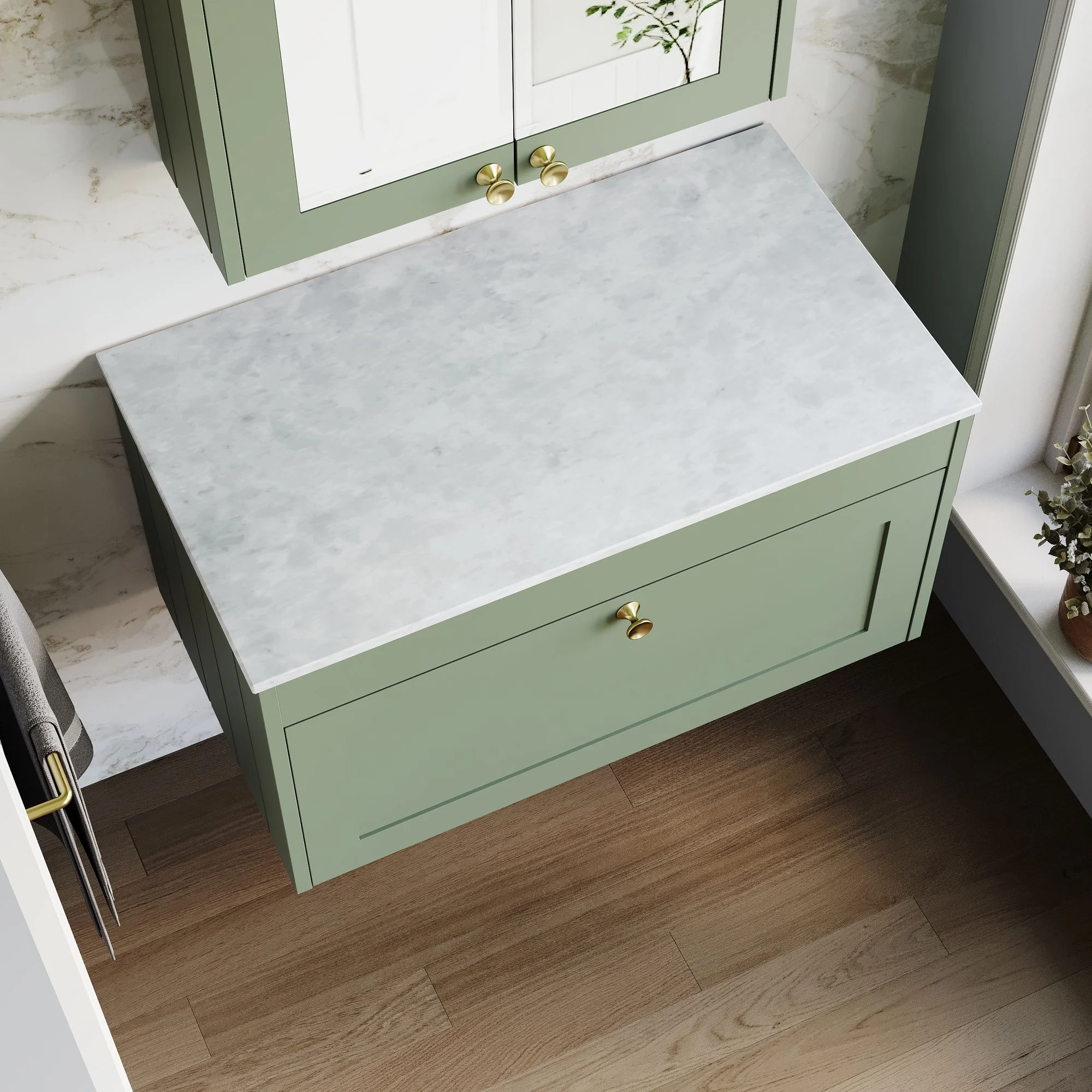 Farlow Shaker Wall Mounted 800mm 1-Drawer Vanity with Marble Countertop - Satin Green - Image 4