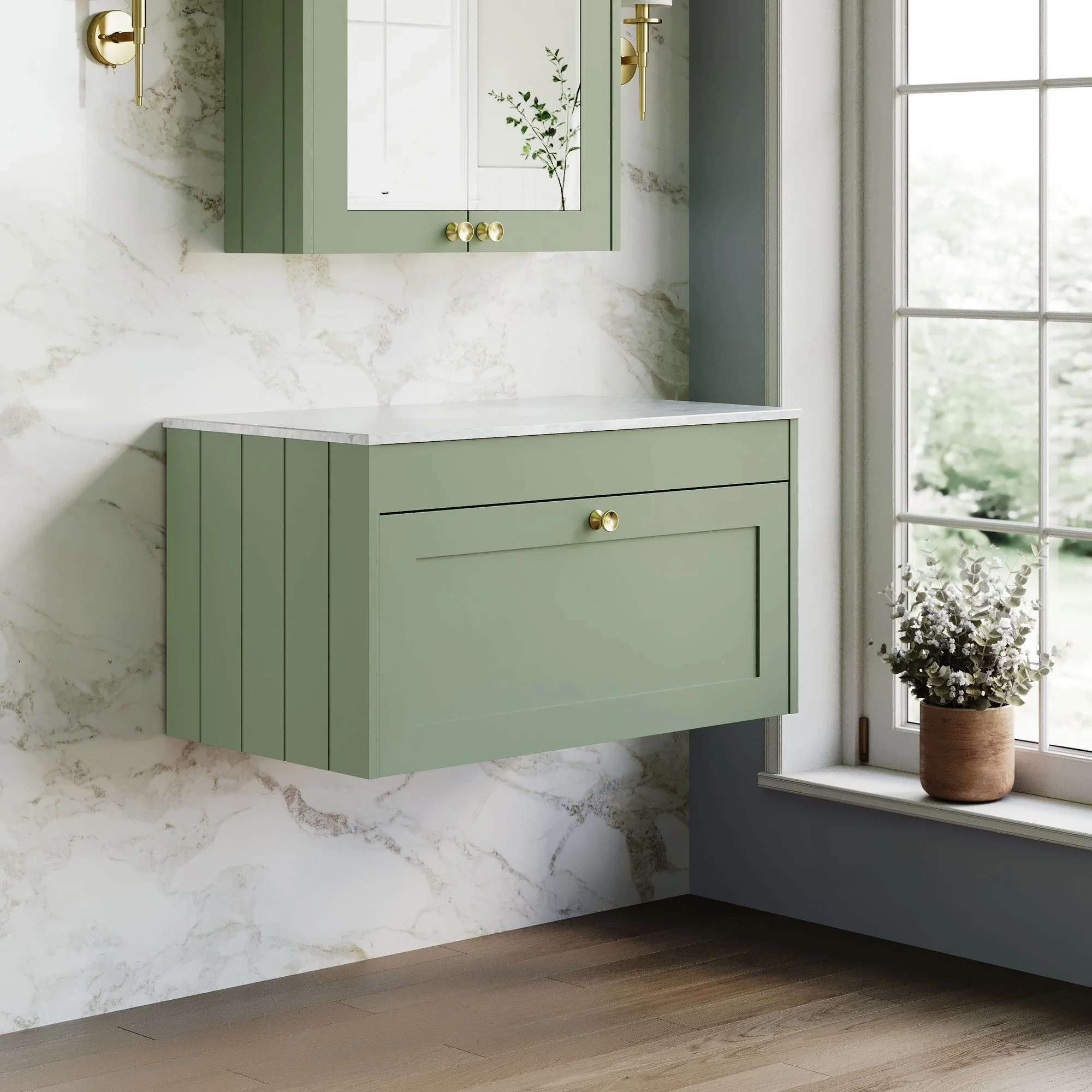 Farlow Shaker Wall Mounted 800mm 1-Drawer Vanity with Marble Countertop - Satin Green - Image 5