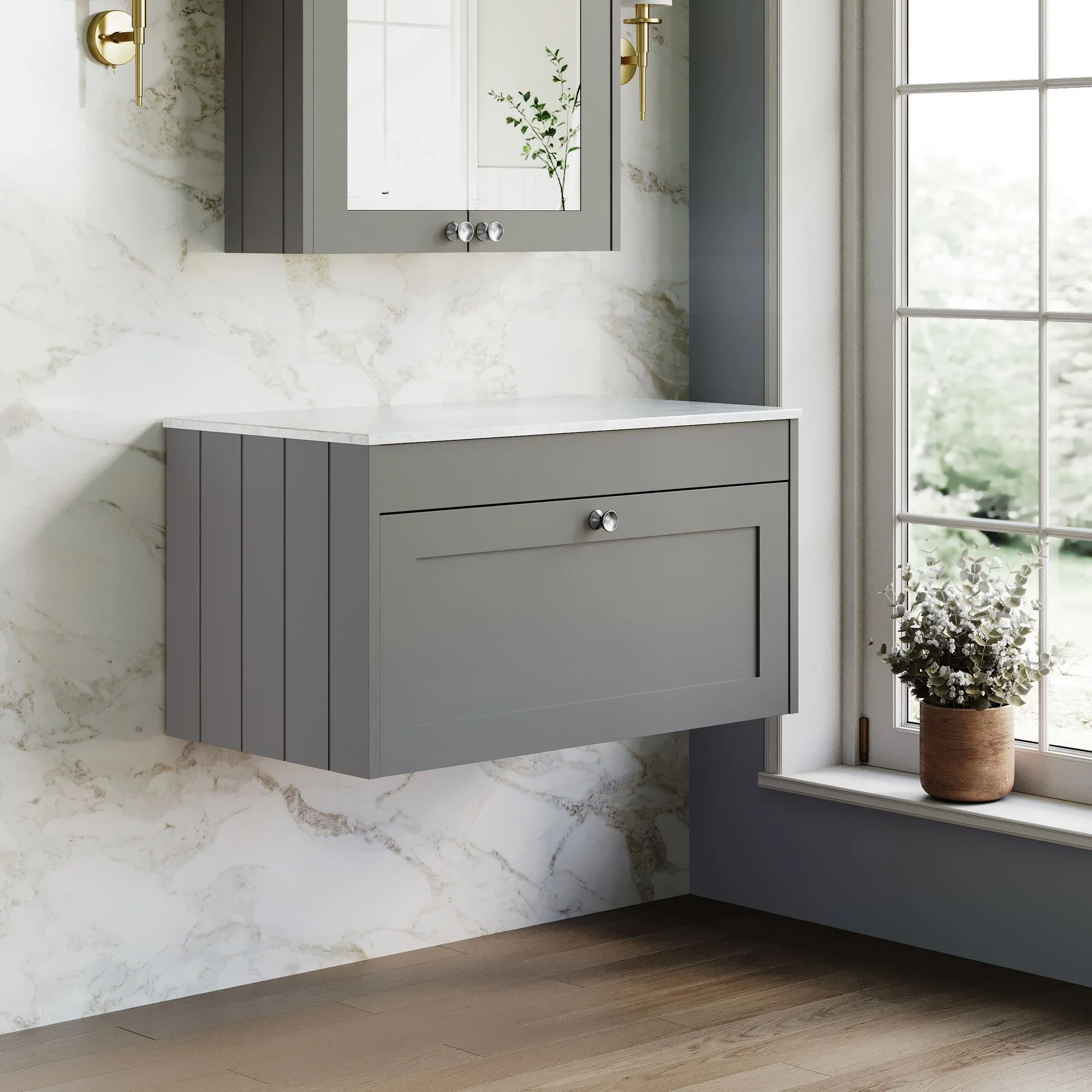 Farlow Shaker Wall Mounted 800mm 1-Drawer Vanity with Marble Countertop - Satin Grey - Image 7