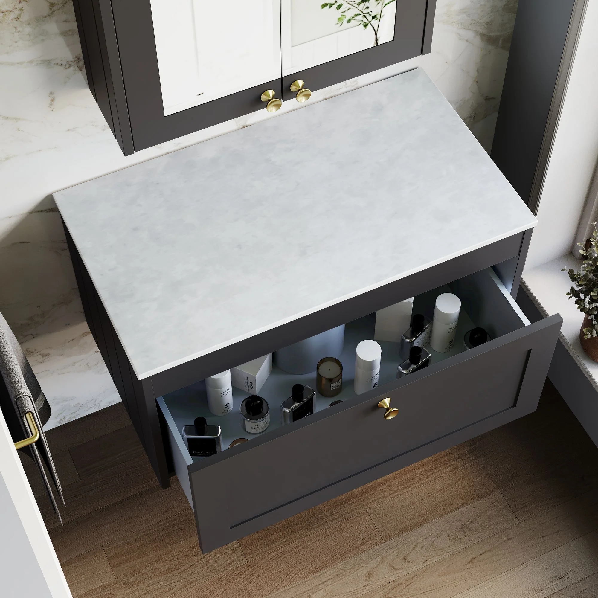 Farlow Shaker Wall Mounted 800mm 1-Drawer Vanity with Marble Countertop - Satin Soft Black - Image 2