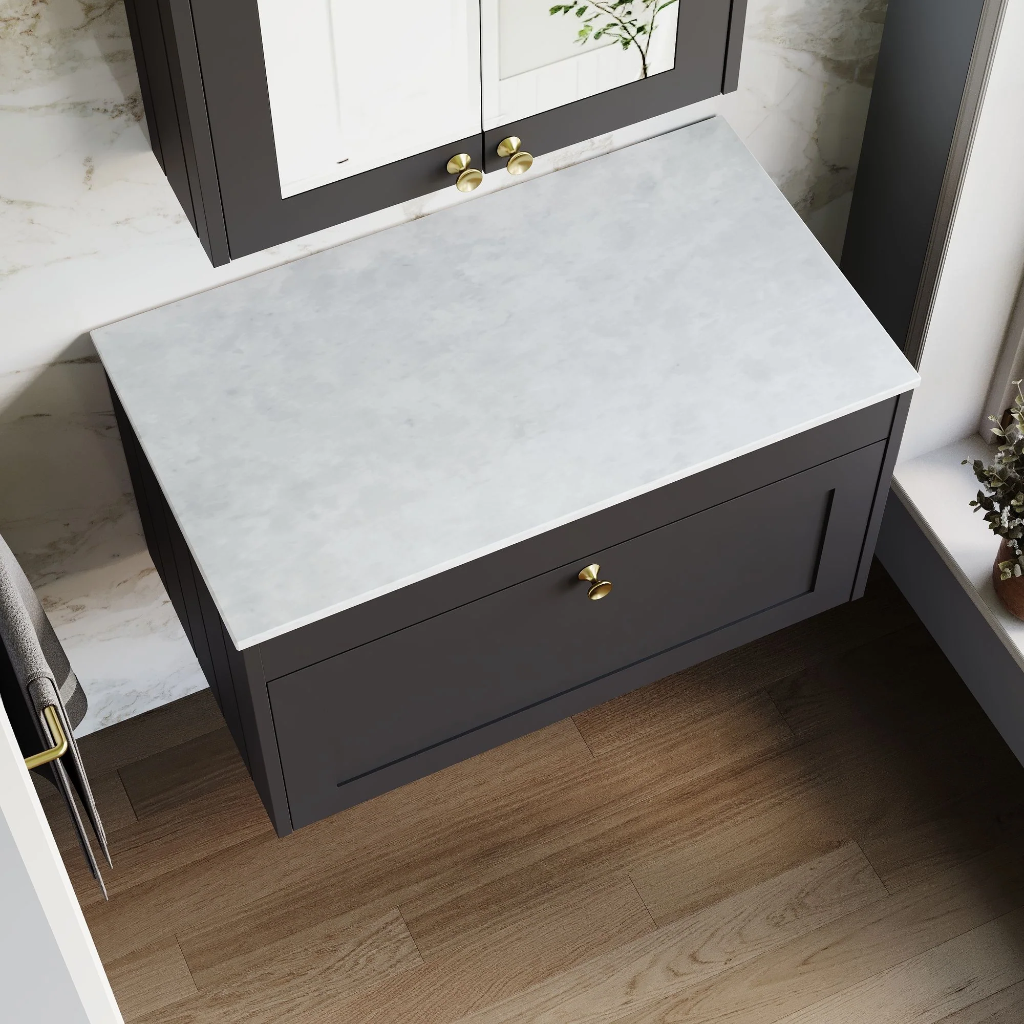 Farlow Shaker Wall Mounted 800mm 1-Drawer Vanity with Marble Countertop - Satin Soft Black - Image 4