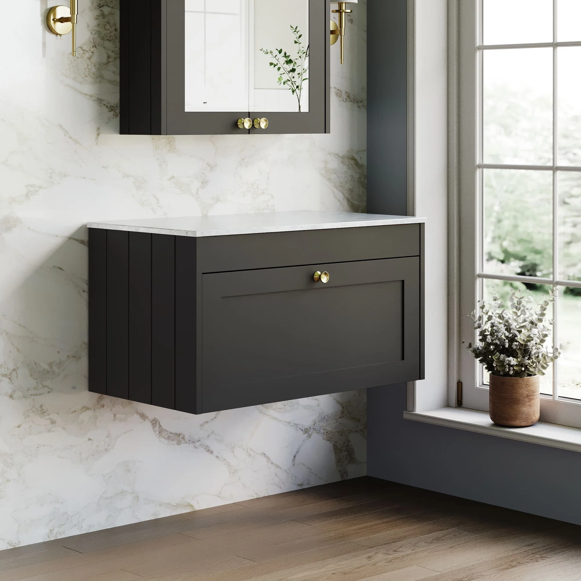Farlow Shaker Wall Mounted 800mm 1-Drawer Vanity with Marble Countertop - Satin Soft Black - Image 5