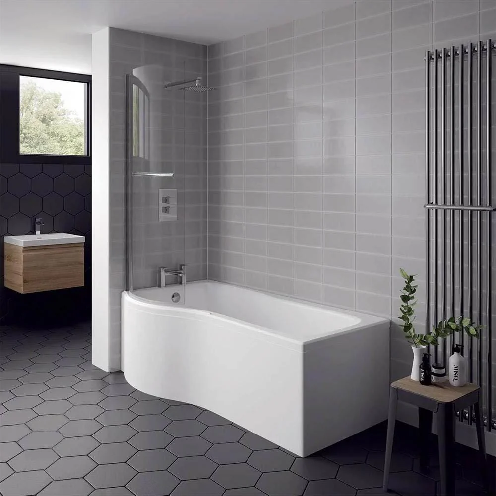 P-Shaped 1700 x 850/700 Shower Bath C/W Hinged 6mm Screen with towel rail and Front Panel