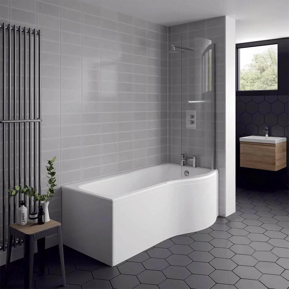 P-Shaped 1700 x 850/700 Shower Bath C/W Hinged 6mm Screen with towel rail and Front Panel - Image 2