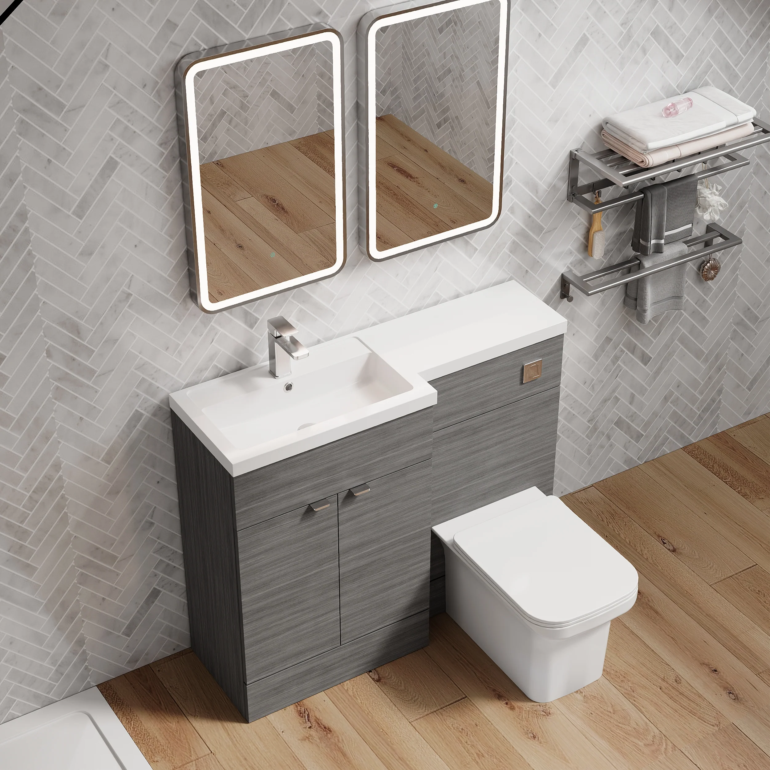 Parkhouse 1000mm L Shape Combination Basin and WC Unit - Anthracite Woodgrain - Image 3