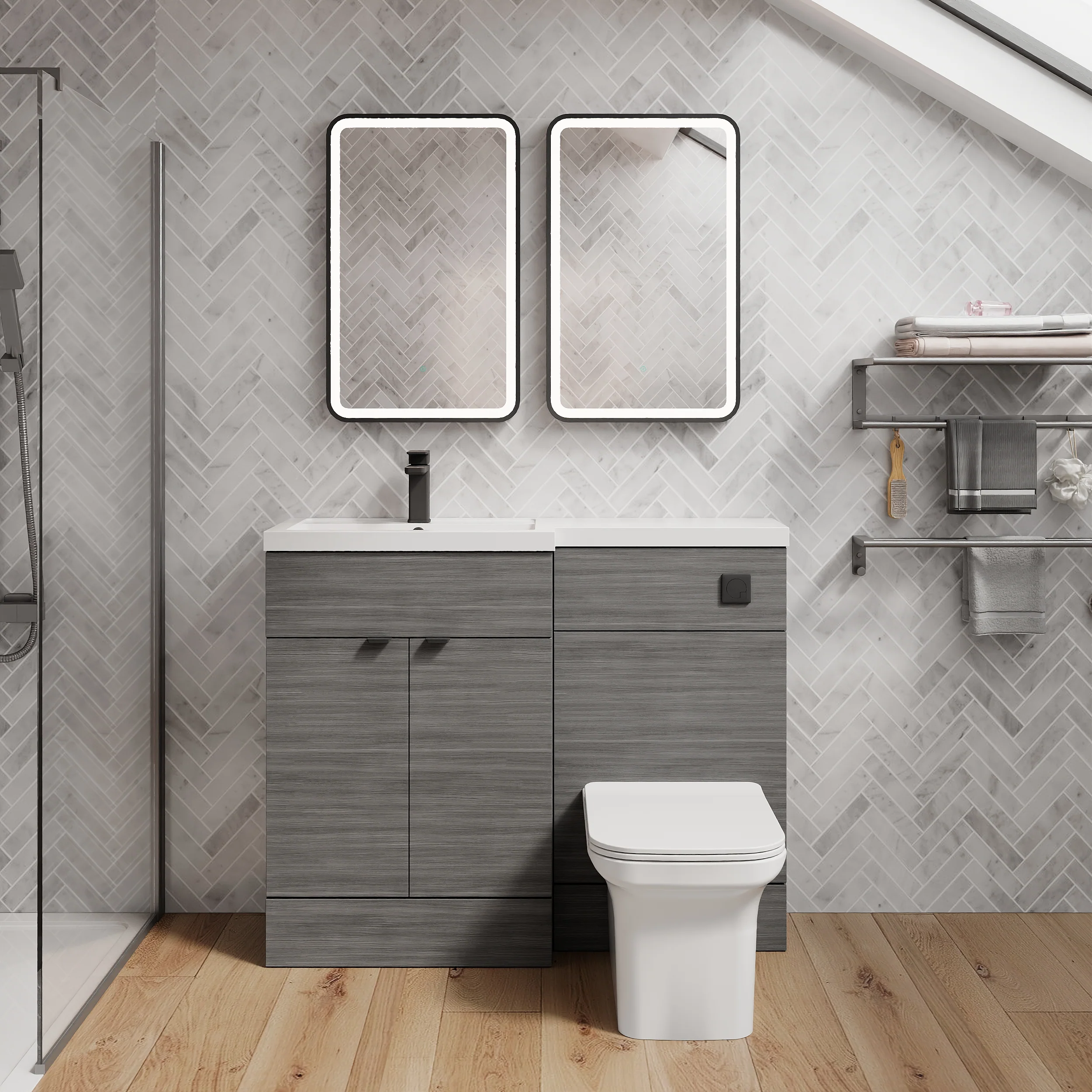 Parkhouse 1000mm L Shape Combination Basin and WC Unit - Anthracite Woodgrain - Image 4