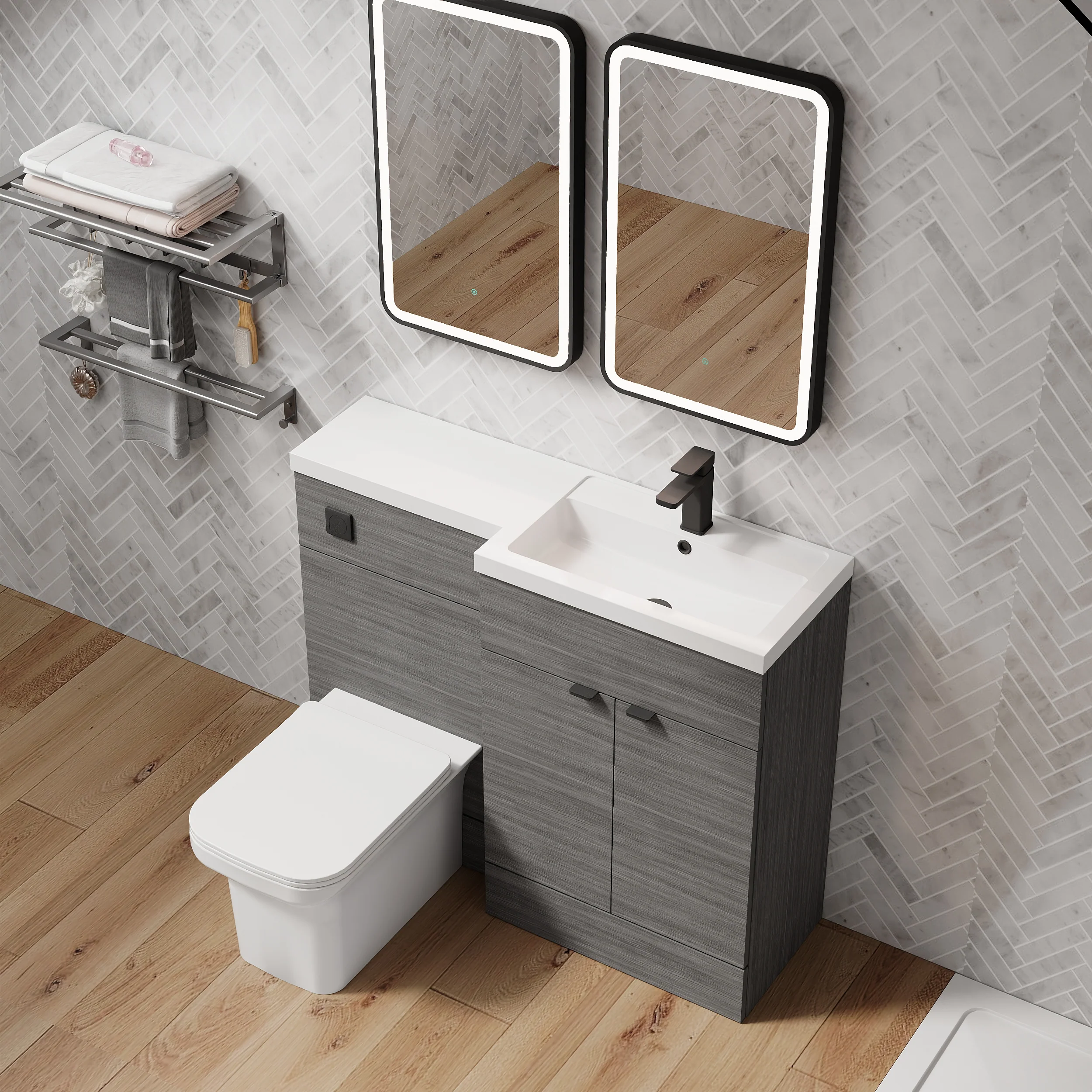 Parkhouse 1000mm L Shape Combination Basin and WC Unit - Anthracite Woodgrain - Image 7