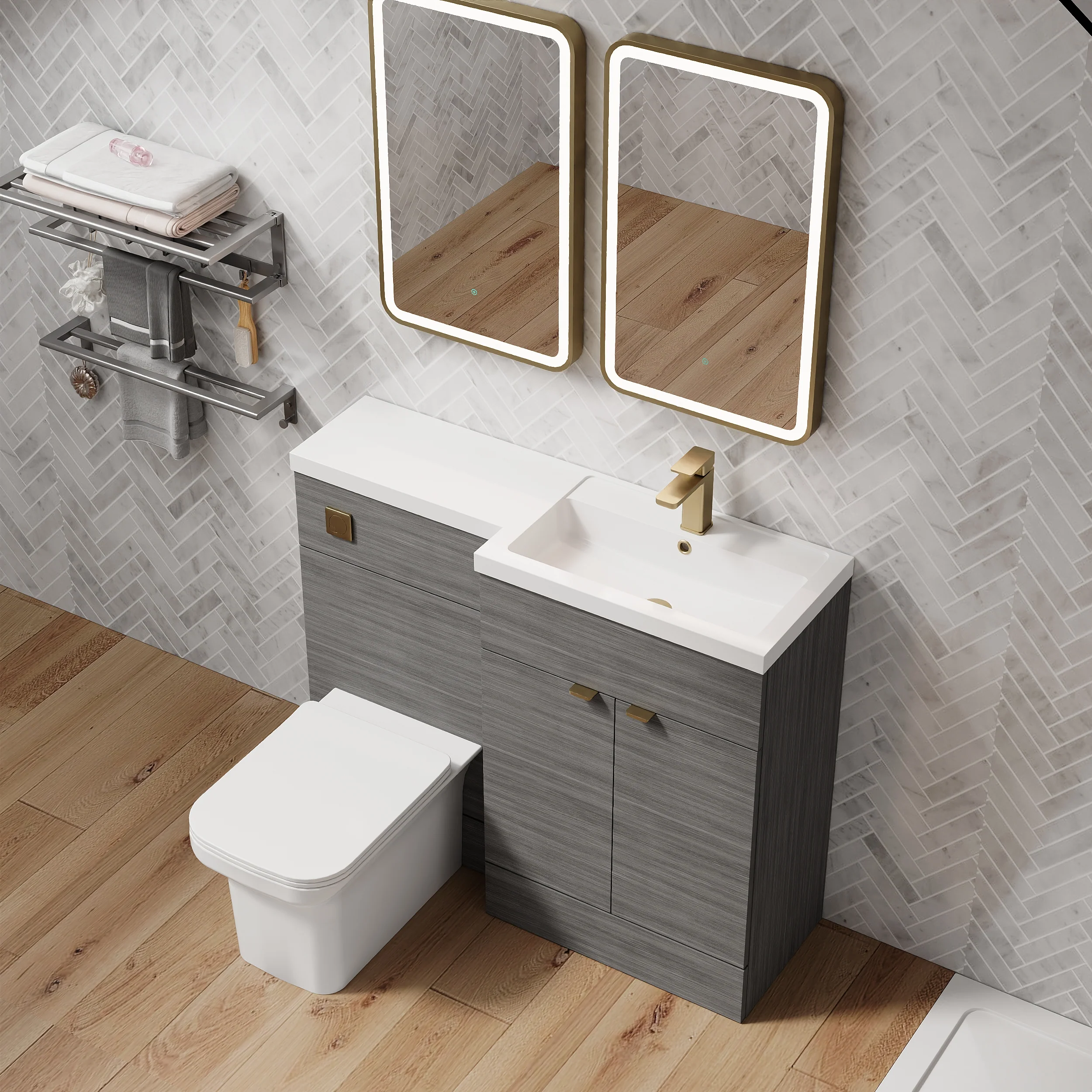 Parkhouse 1000mm L Shape Combination Basin and WC Unit - Anthracite Woodgrain - Image 8