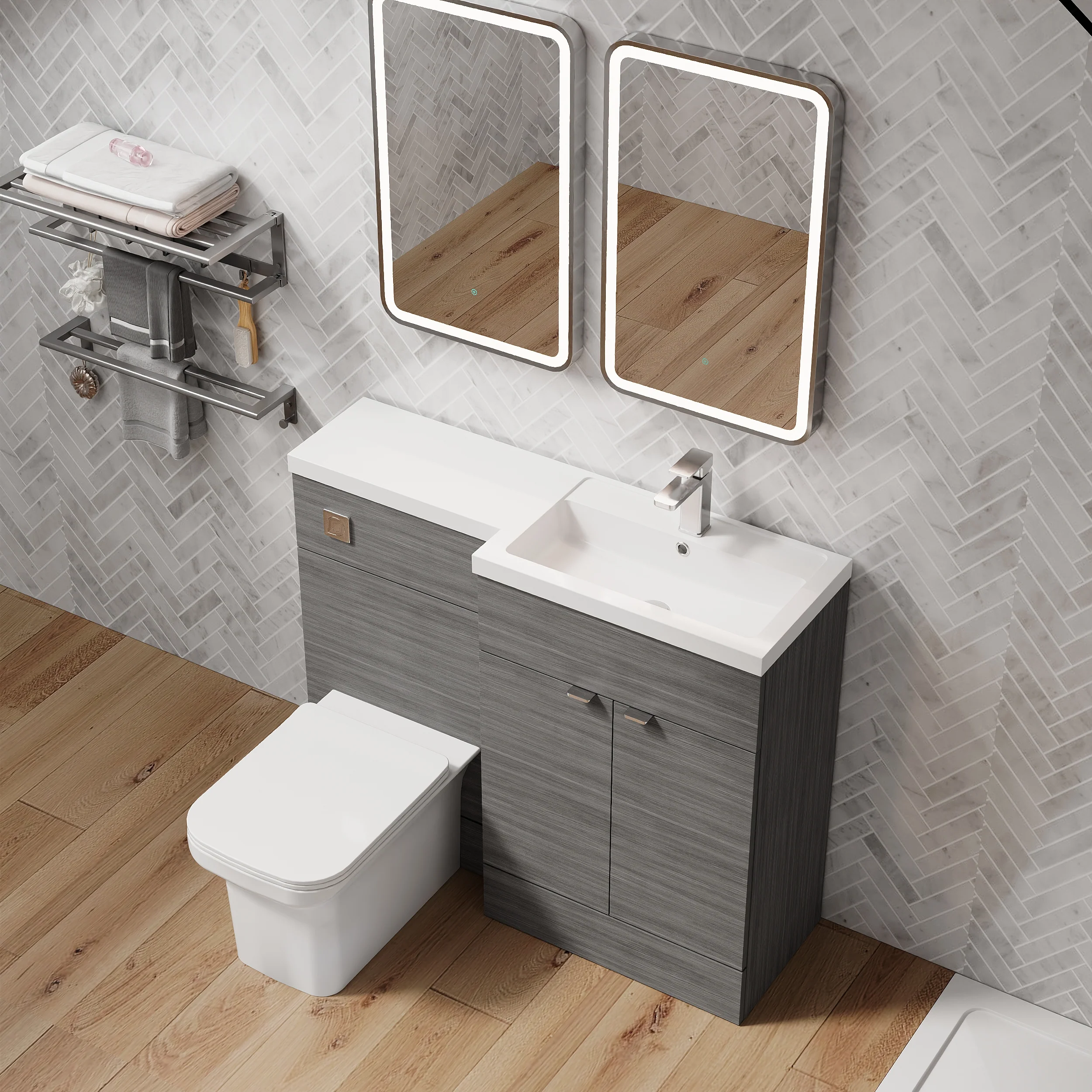 Parkhouse 1000mm L Shape Combination Basin and WC Unit - Anthracite Woodgrain - Image 9