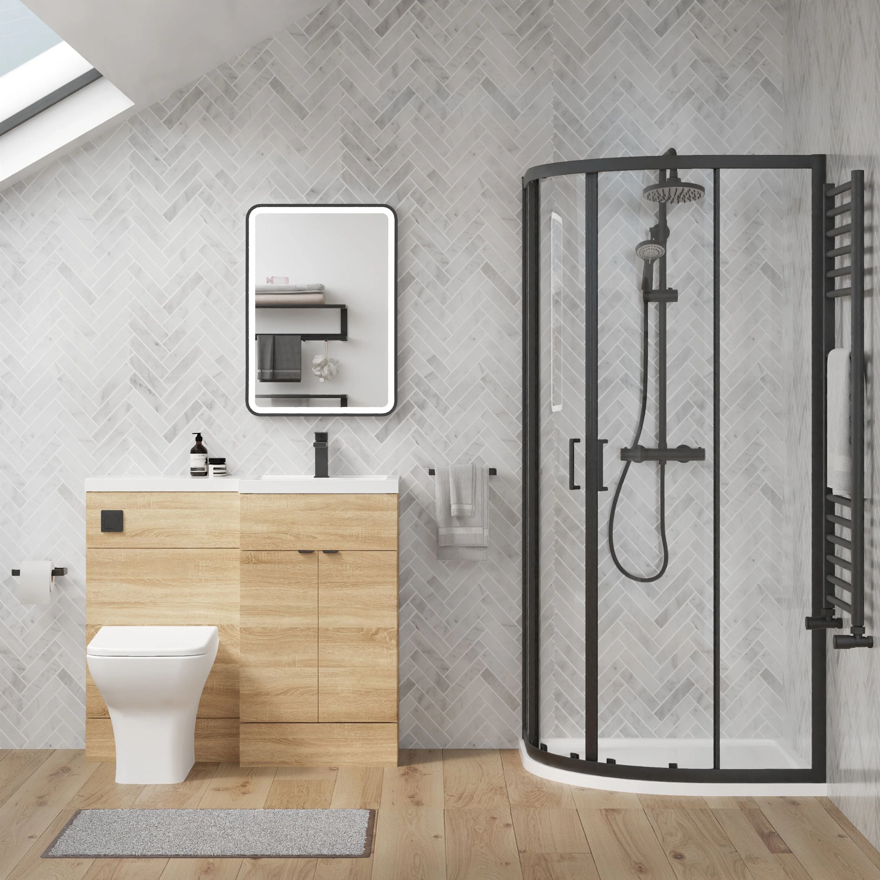 Parkhouse 1000mm Bleached Oak Vanity WC Unit & Black Offset Quadrant Shower Enclosure Bathroom Suite