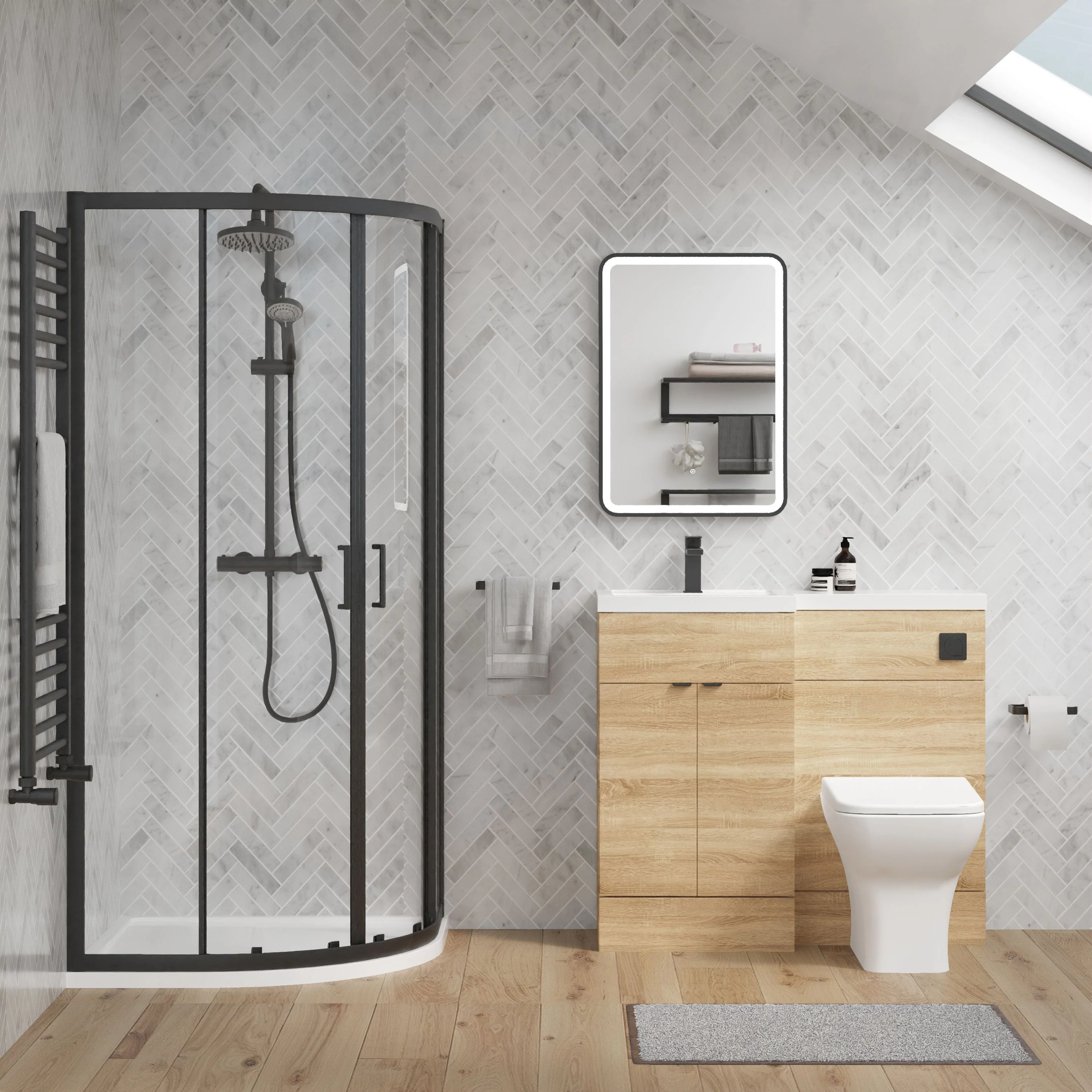 Parkhouse 1000mm Bleached Oak Vanity WC Unit & Black Offset Quadrant Shower Enclosure Bathroom Suite - Image 2