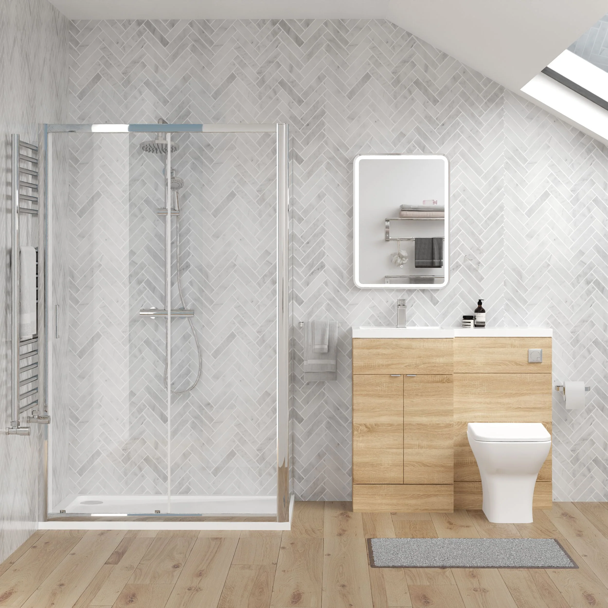 Parkhouse 1000mm Bleached Oak Vanity WC Unit & Chrome Rectangle Shower Enclosure Bathroom Suite