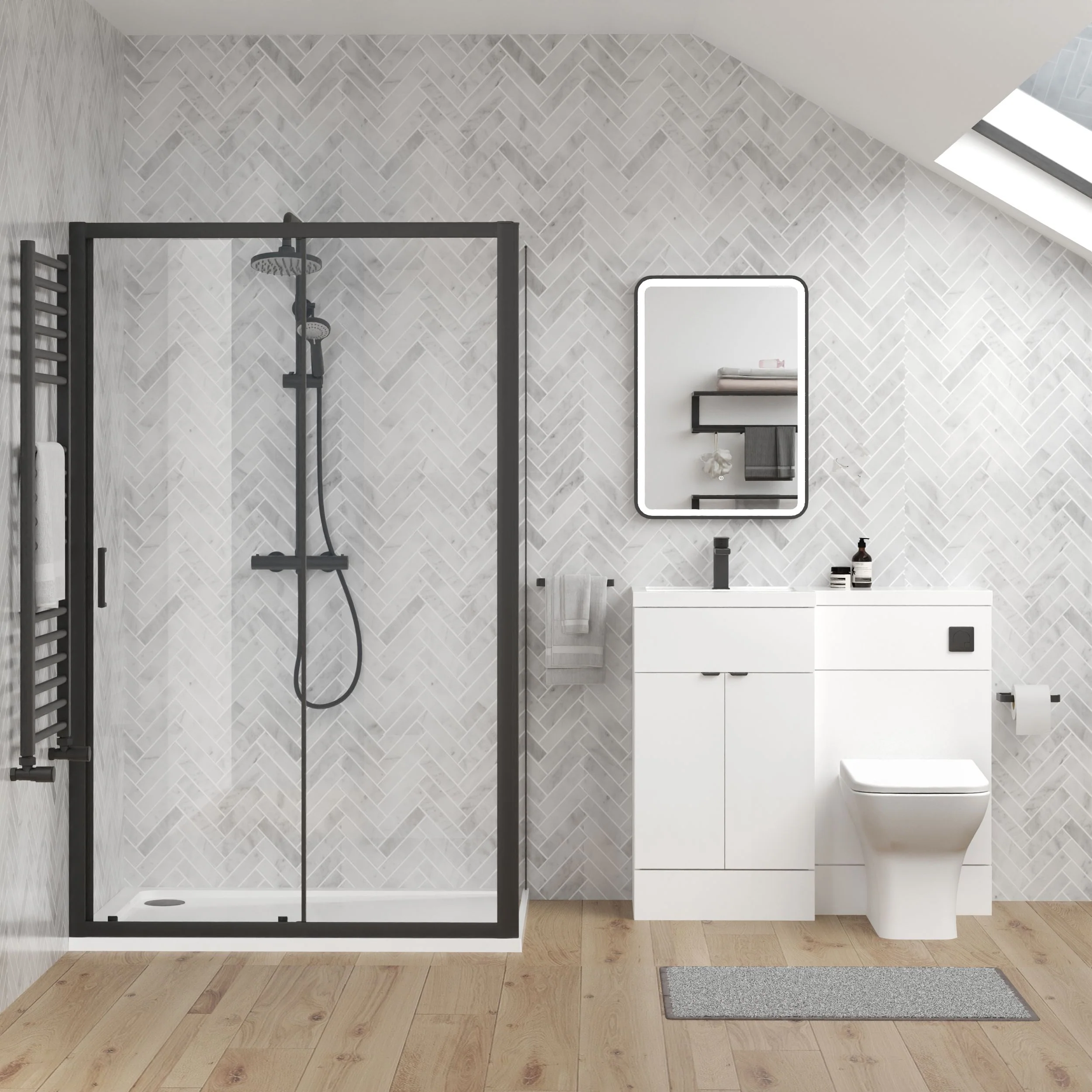 Parkhouse 1100mm Gloss White Vanity WC Unit & Black Rectangle Shower Enclosure Bathroom Suite - Image 2