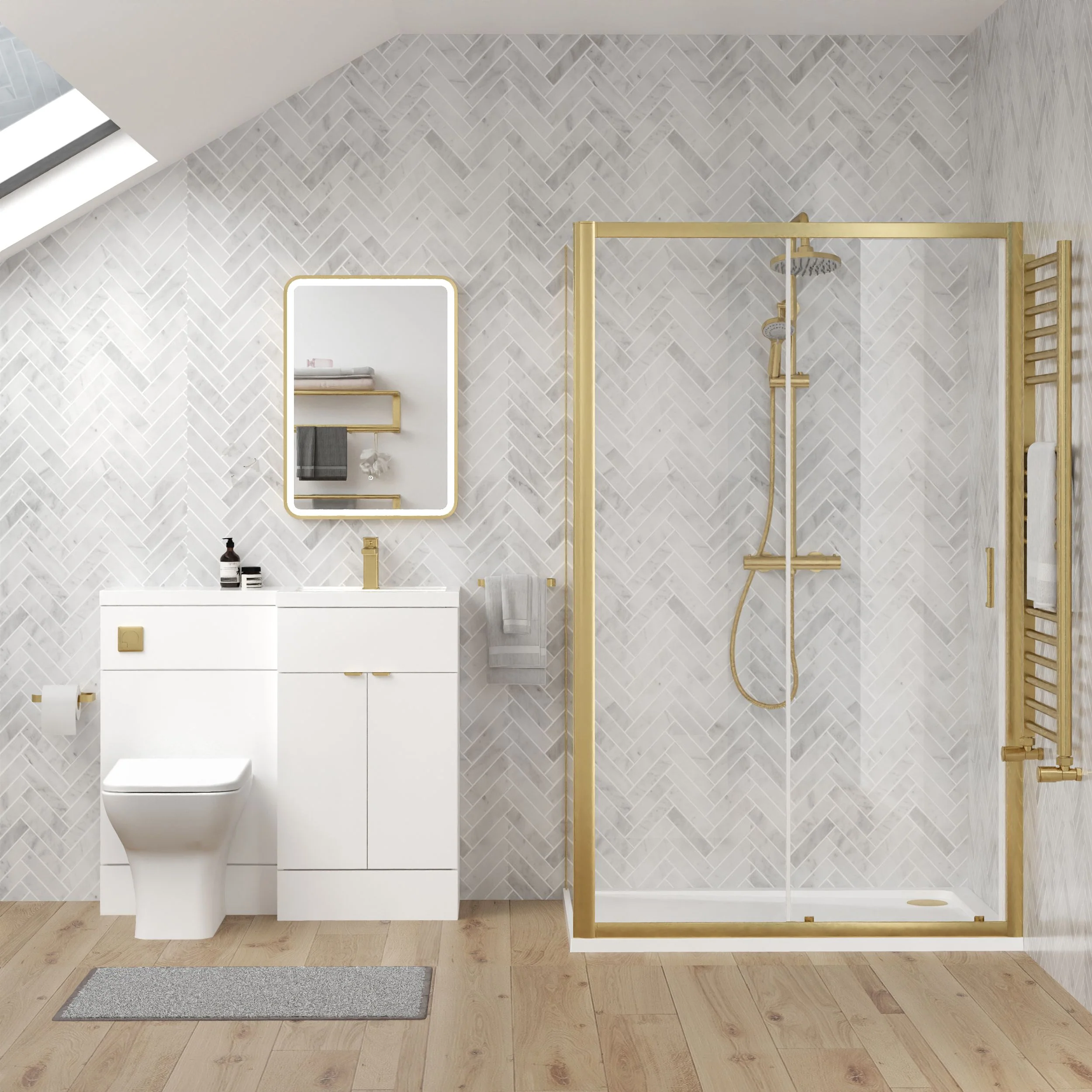 Parkhouse 1000mm Gloss White Vanity WC Unit & Brushed Brass Rectangle Shower Enclosure Bathroom Suite - Image 2