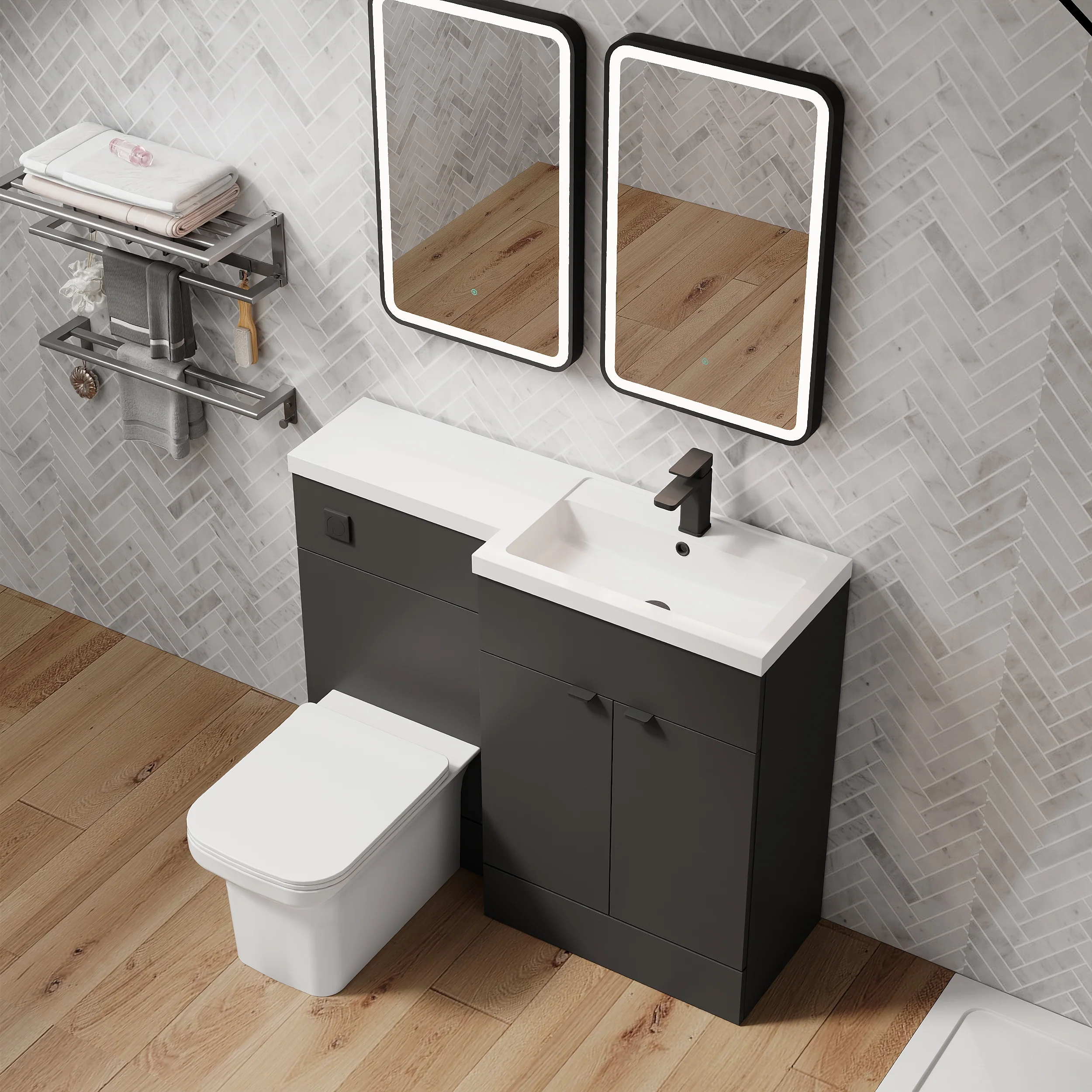 Parkhouse 1100mm L Shape Combination Basin and WC Unit Gloss Grey - Image 14