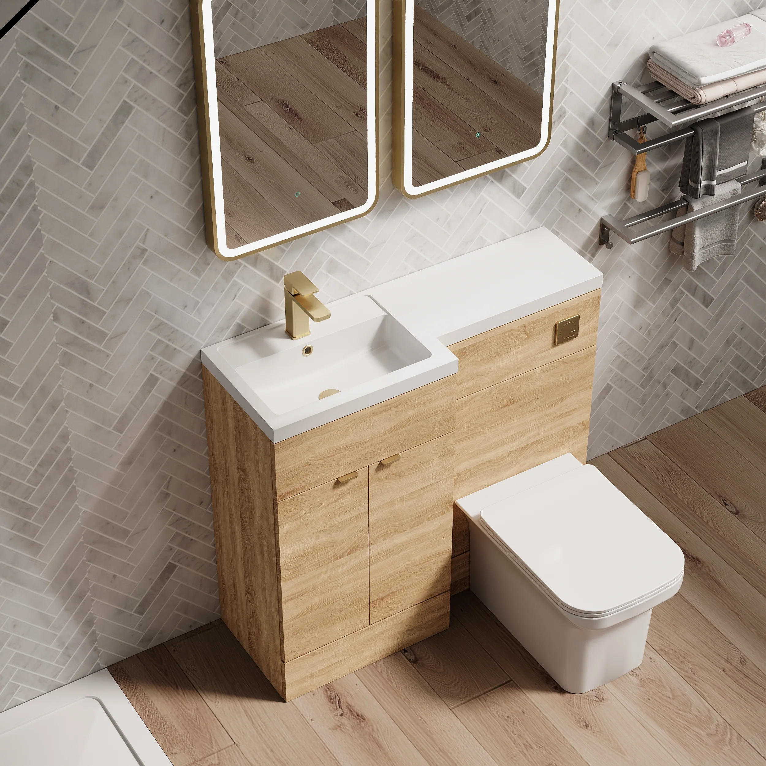 Parkhouse 1100mm L Shape Combination Basin and WC Unit - Bleached Oak - Image 11