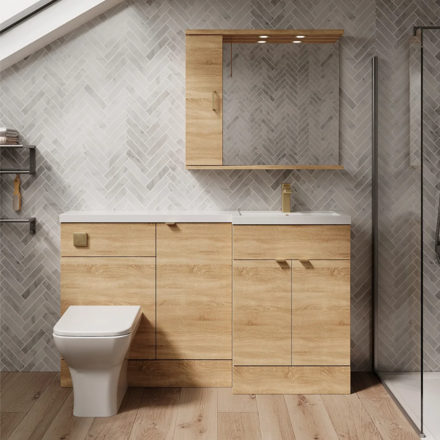 Parkhouse 1500mm L Shape Combination Basin and WC Unit - Bleached Oak - Image 19