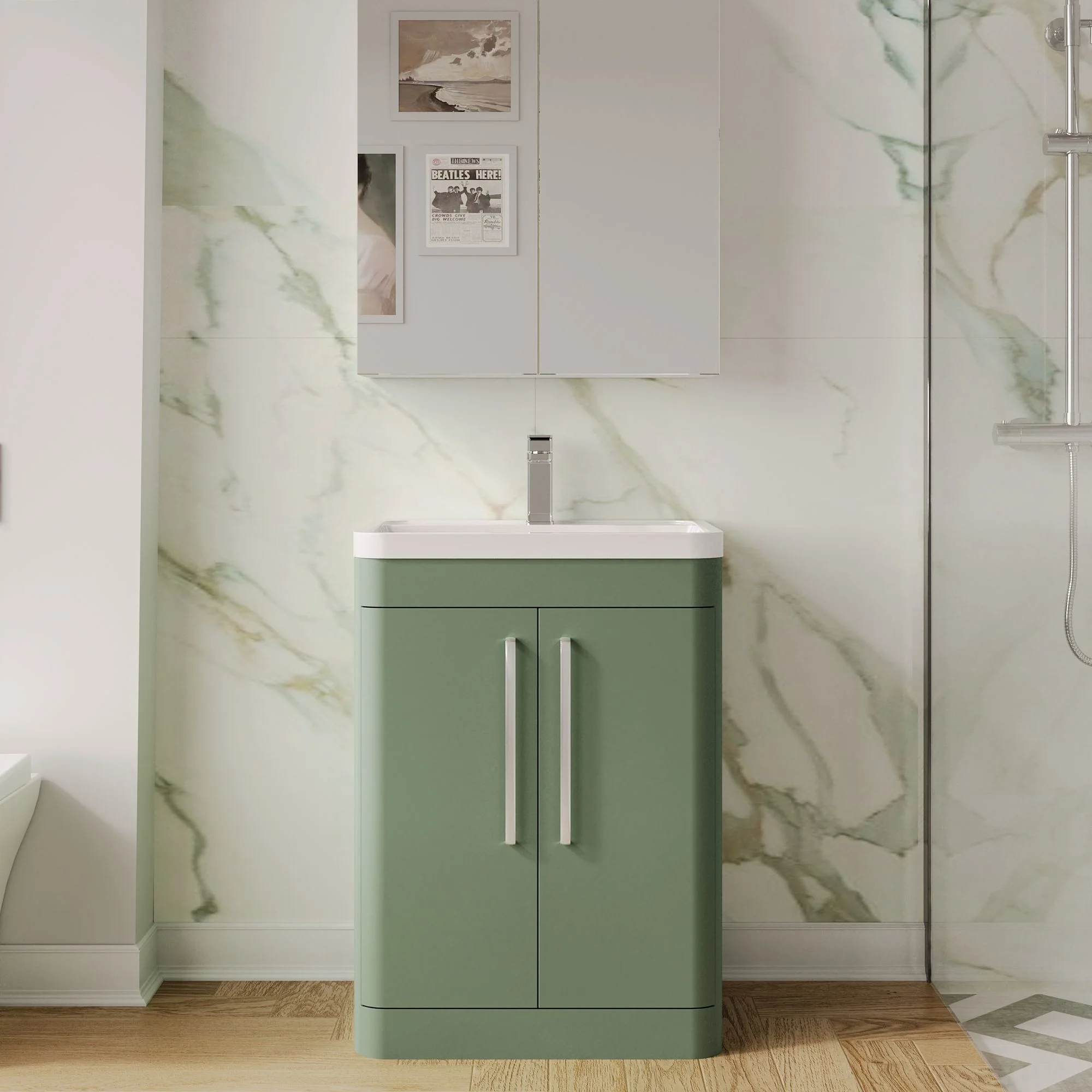 Pride 600mm Floor Standing 2-Door Basin Vanity Unit - Satin Green - Image 2