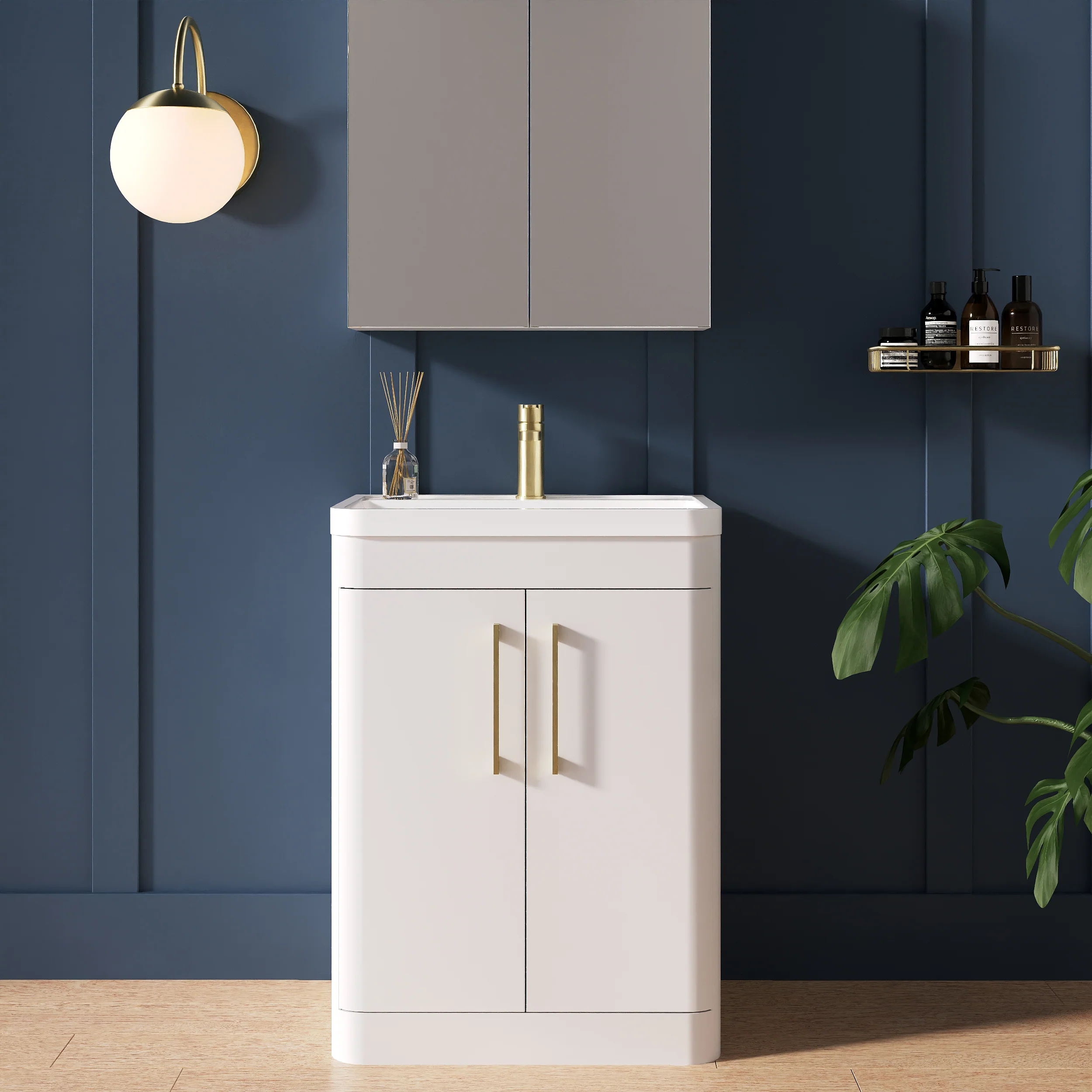 Pride 600mm Floor Standing 2-Door Vanity & Polymarble Basin - White - Image 2