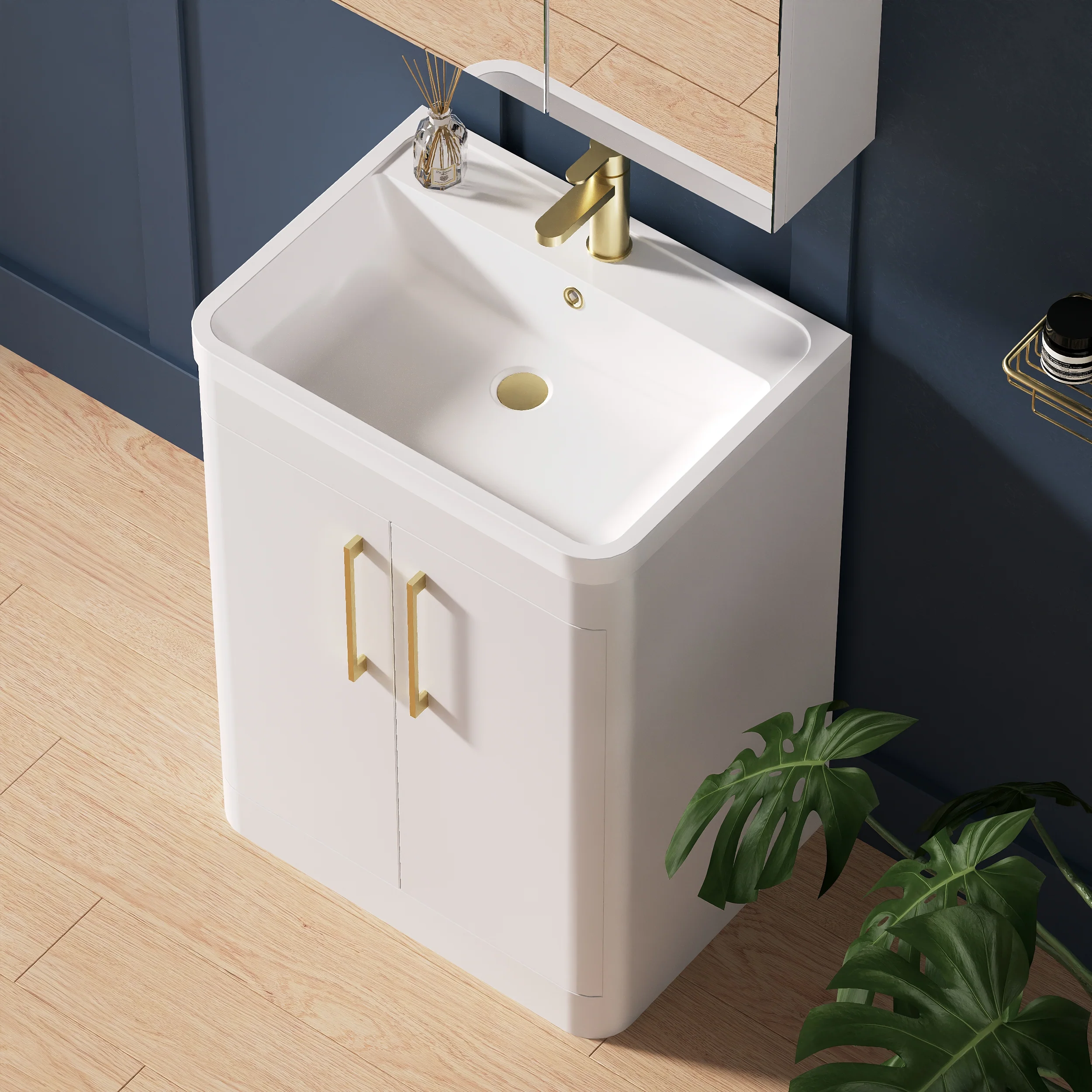 Pride 600mm Floor Standing 2-Door Vanity & Polymarble Basin - White - Image 6