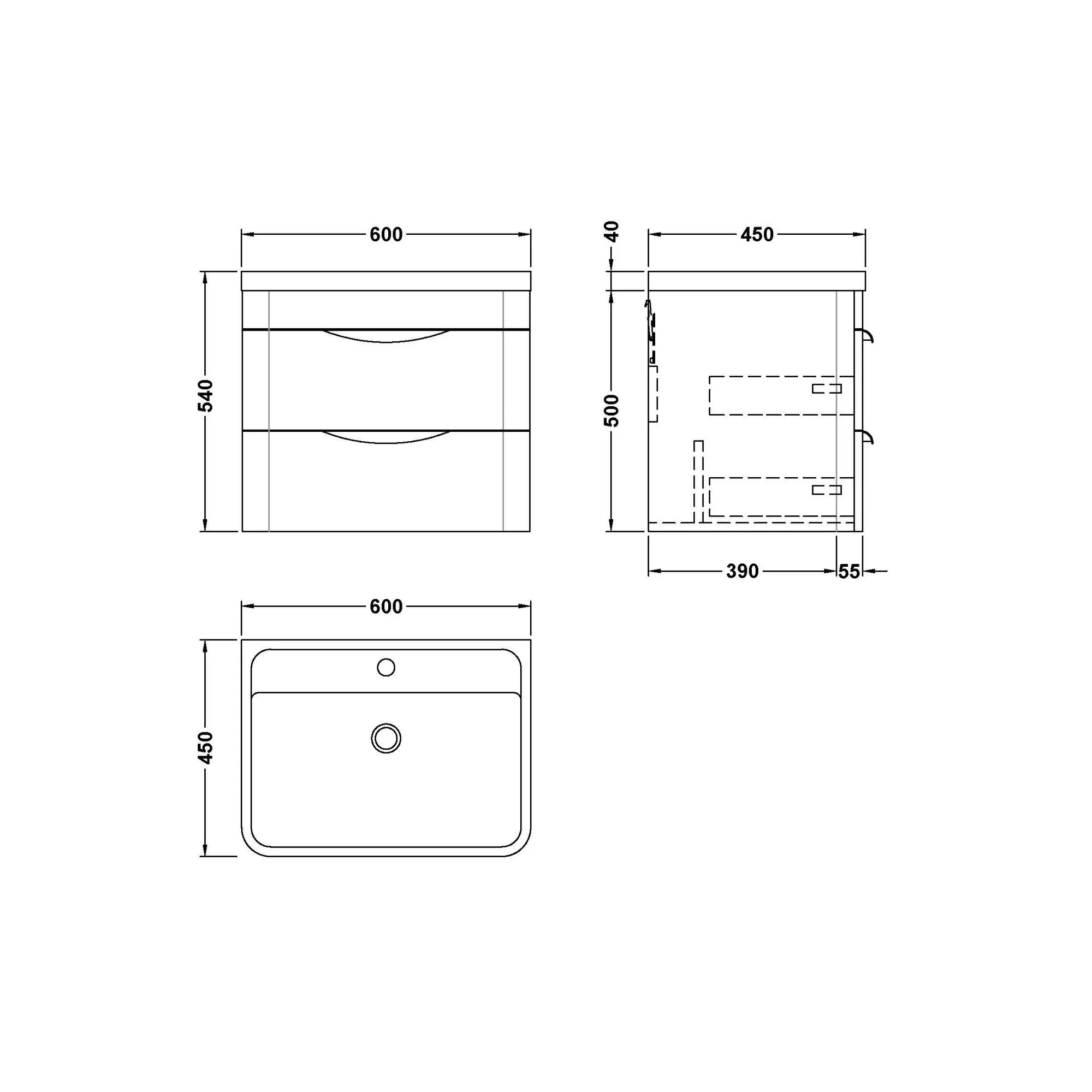 Pride 600mm Wall Hung 2-Drawer Basin Vanity Unit - Soft Black - Image 2