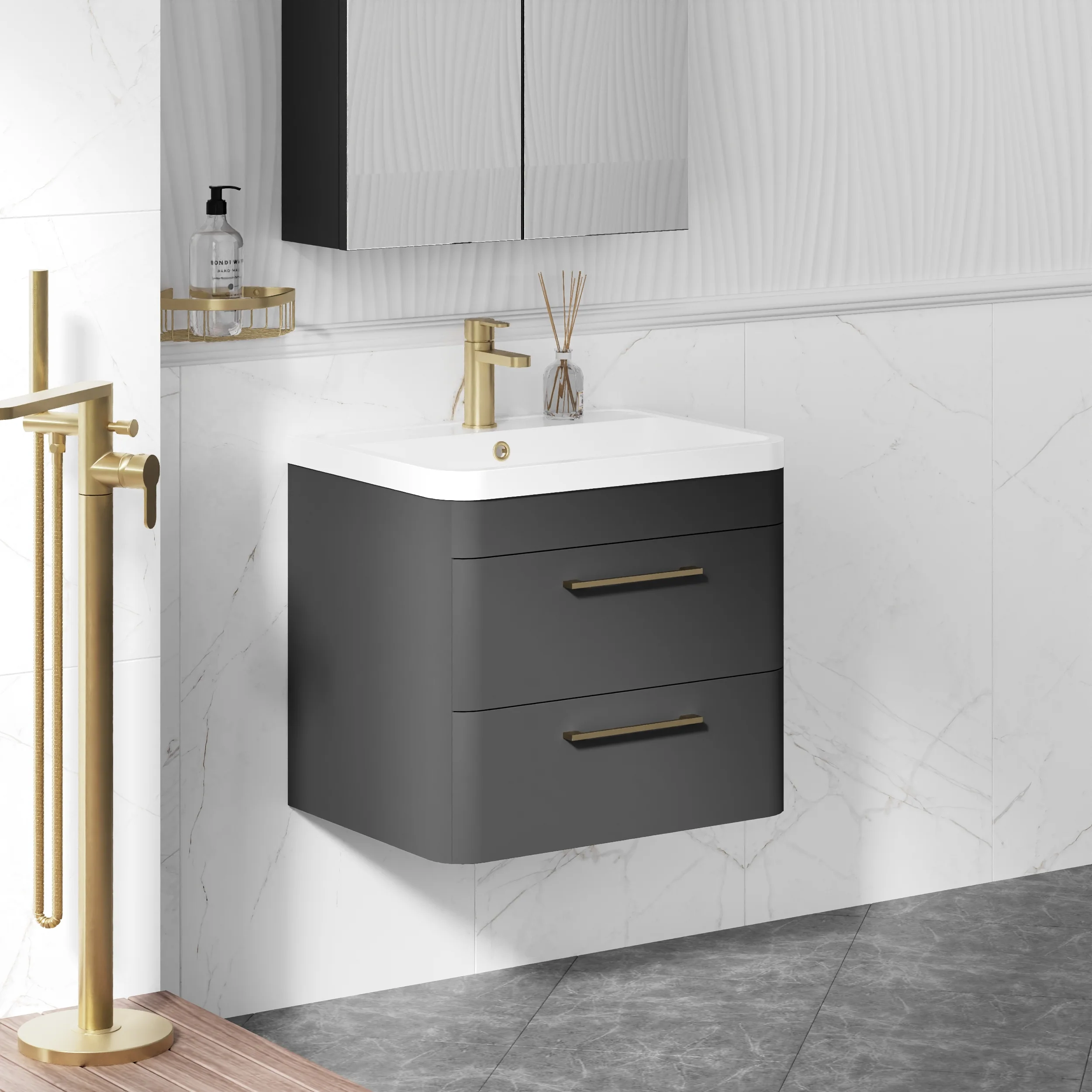Pride 600mm Wall Hung Vanity & Polymarble Basin - Soft Black - Image 8