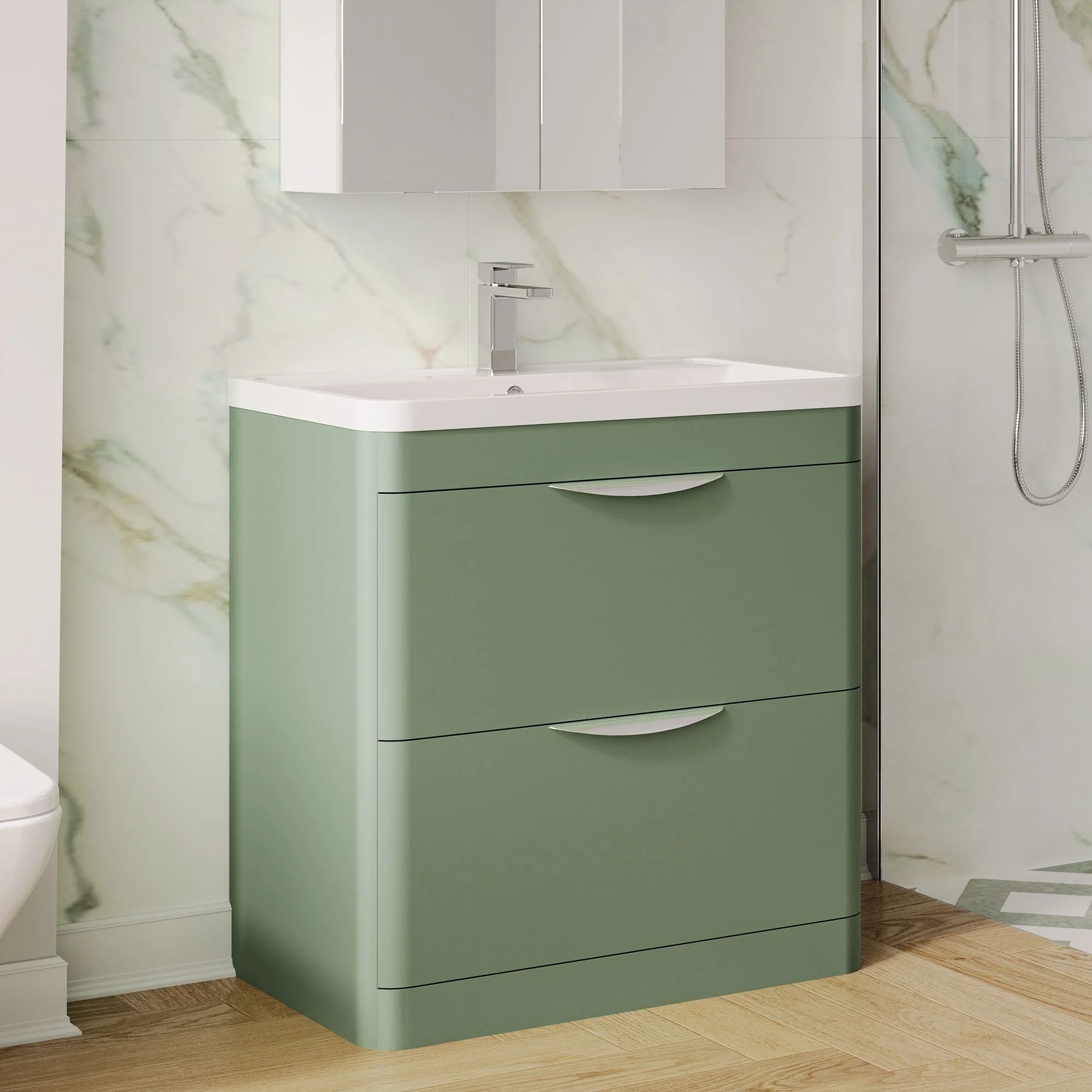 Pride 800mm Floor Standing 2-Drawer Basin Vanity Unit - Satin Green - Image 2