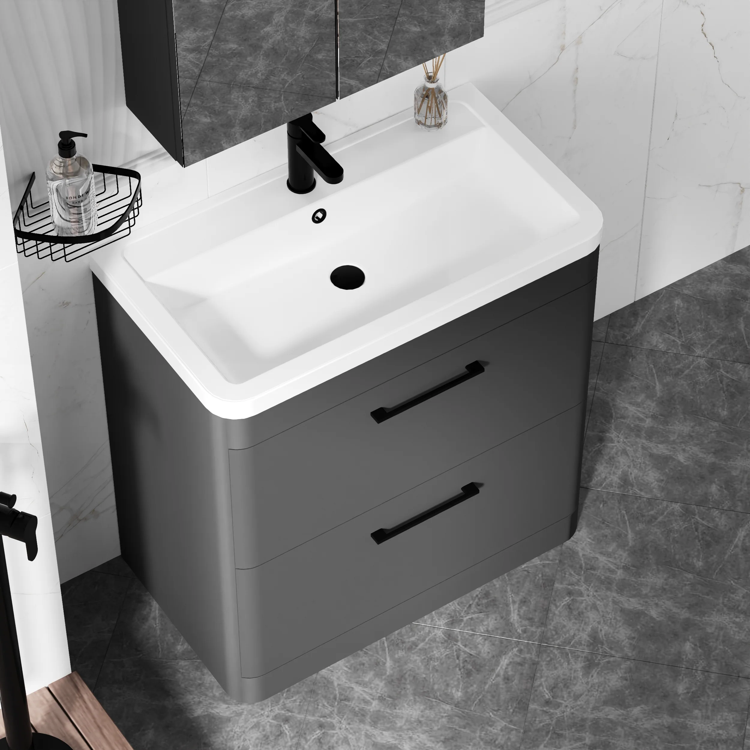 Pride 800mm Floor Standing 2-Drawer Cabinet & Polymarble Basin - Soft Black - Image 10