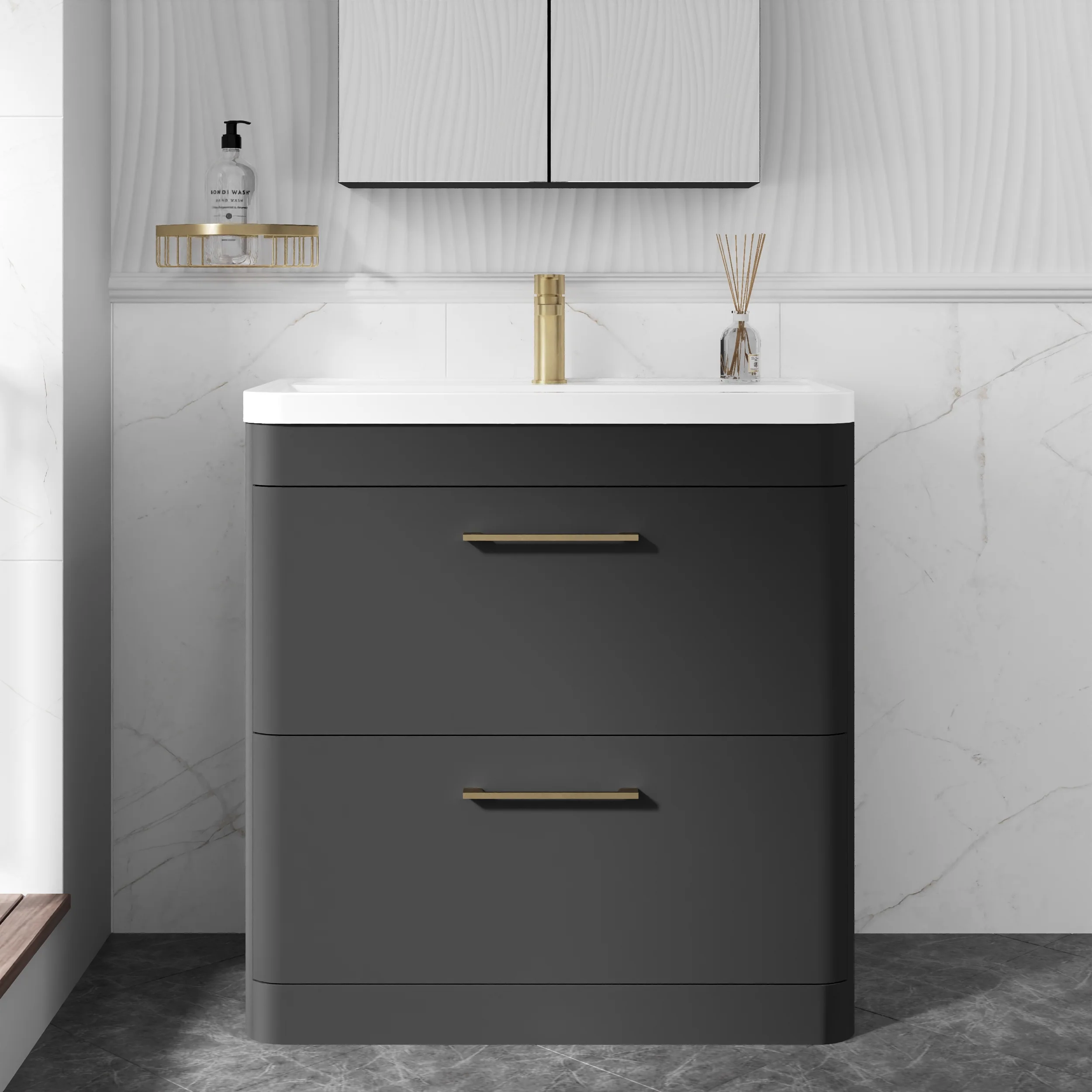 Pride 800mm Floor Standing 2-Drawer Cabinet & Polymarble Basin - Soft Black - Image 3